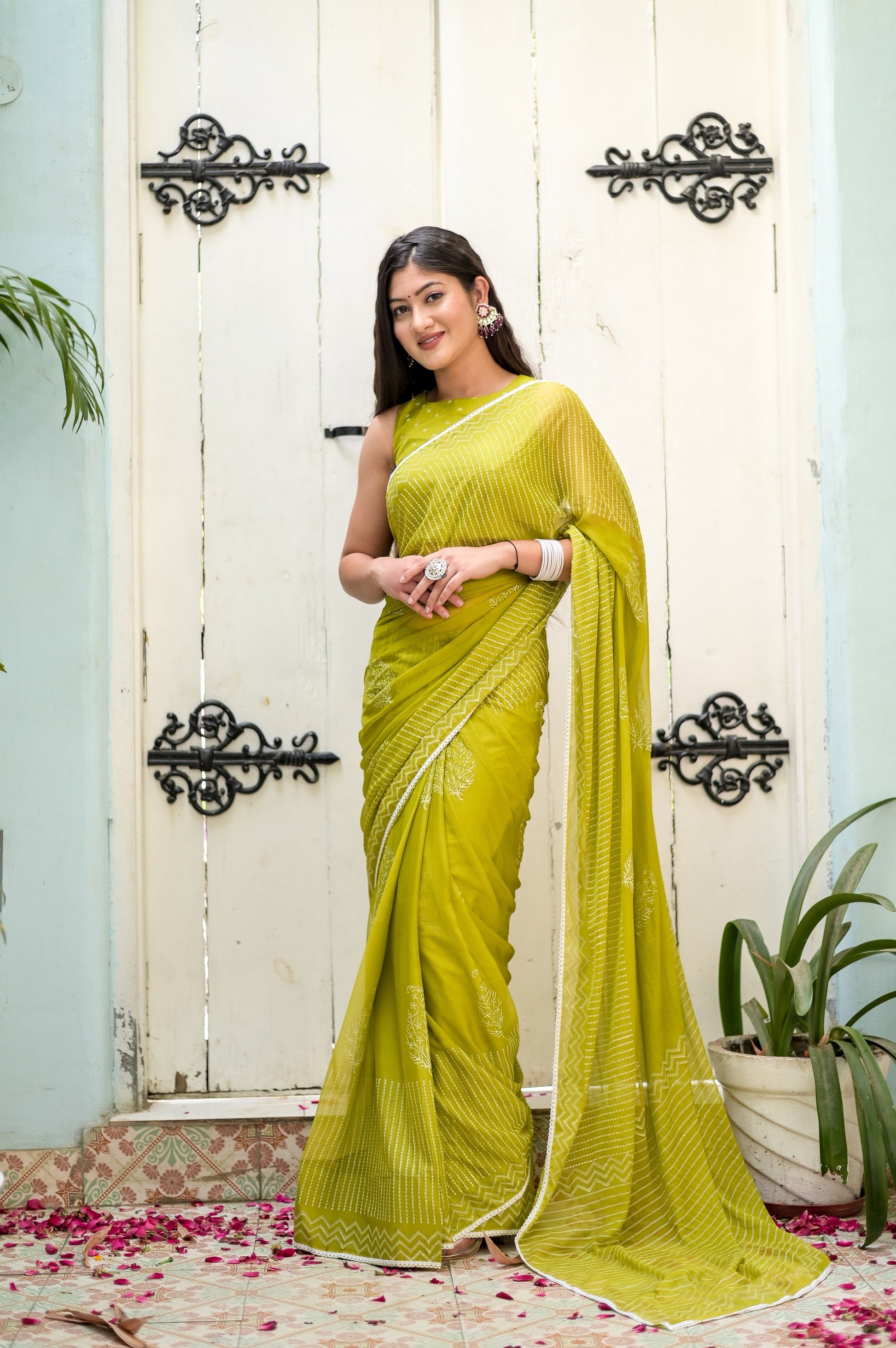 Delicate Green Chiffon Handblock Printed Saree Geometric Floral