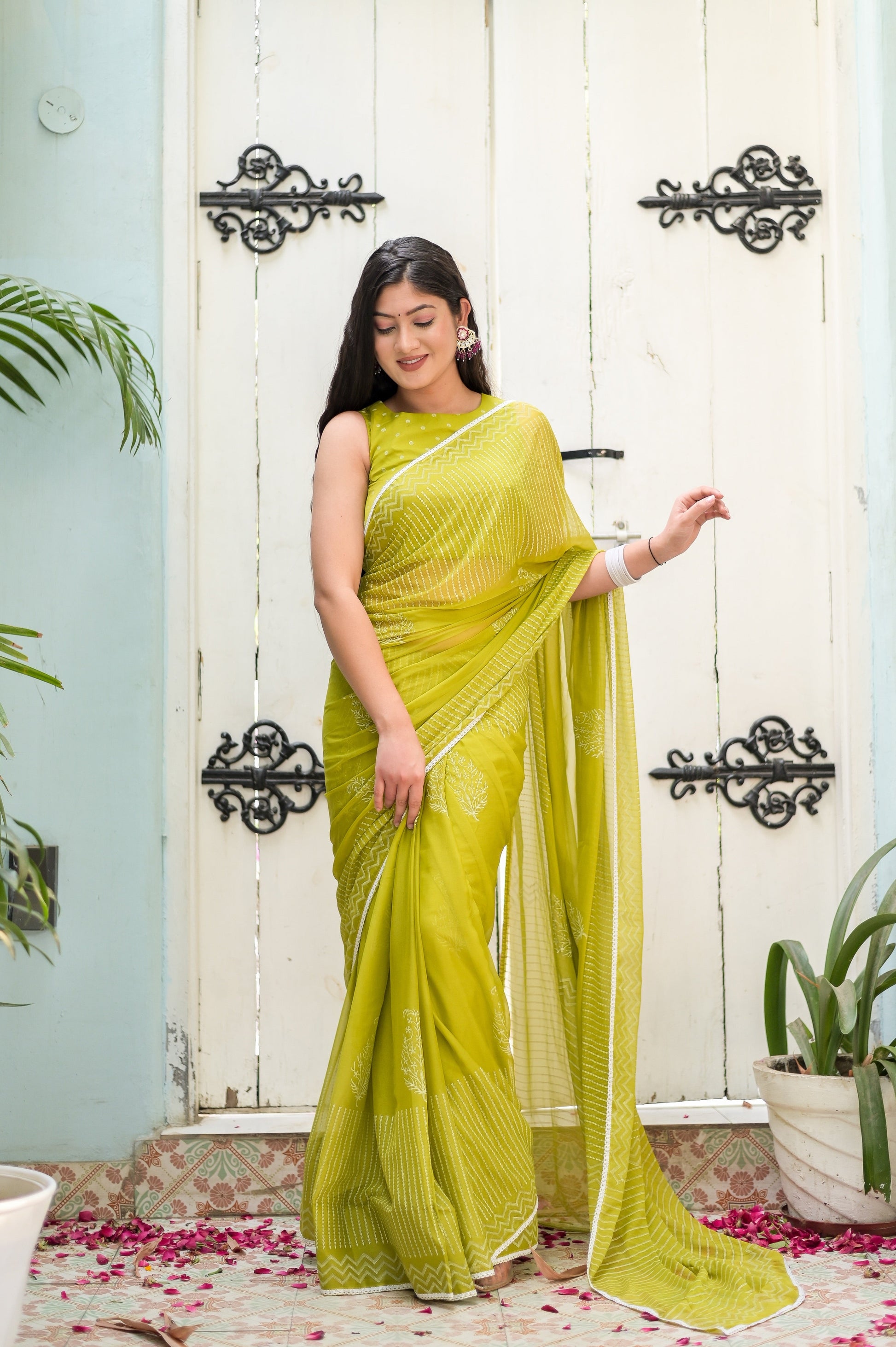 Delicate Green Chiffon Handblock Printed Saree Geometric Floral