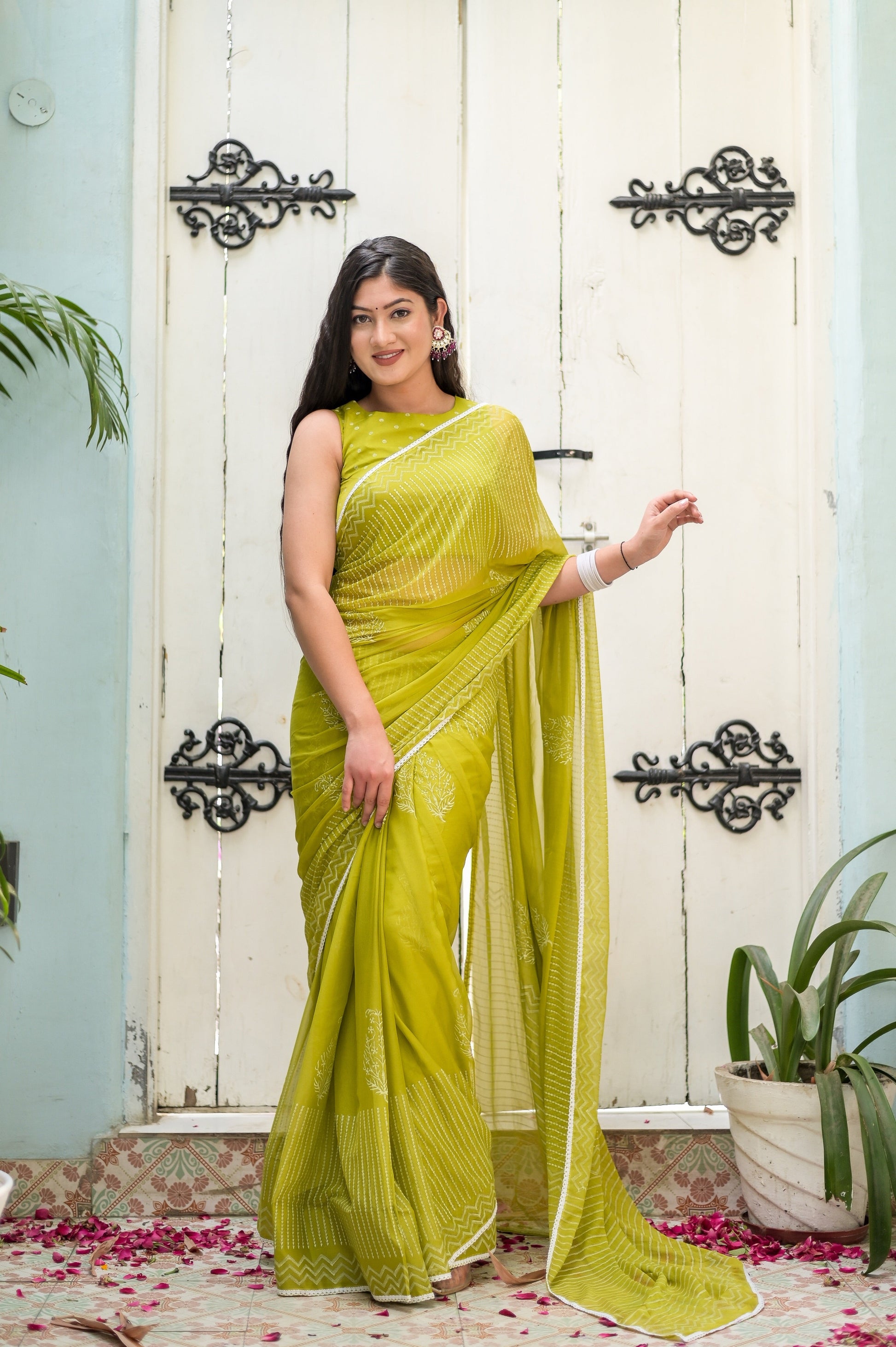 Delicate Green Chiffon Handblock Printed Saree Geometric Floral