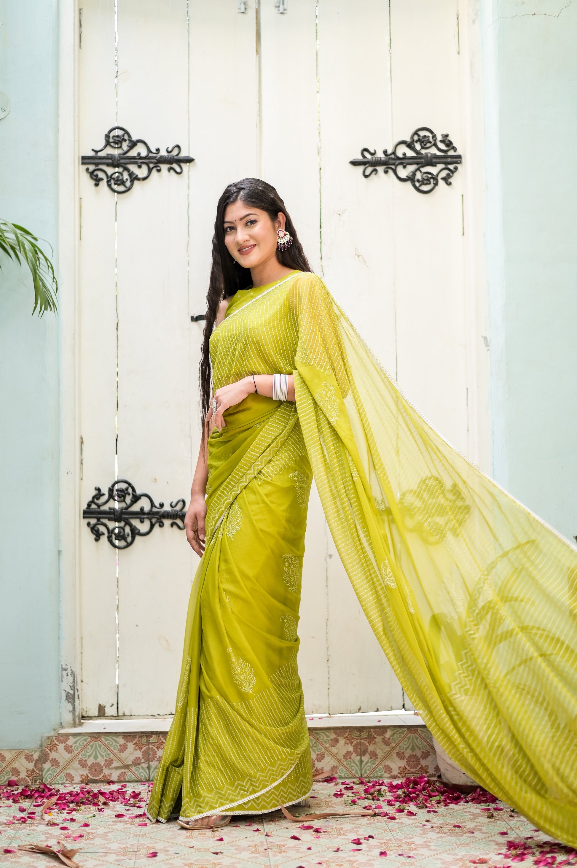 Delicate Green Chiffon Handblock Printed Saree Geometric Floral