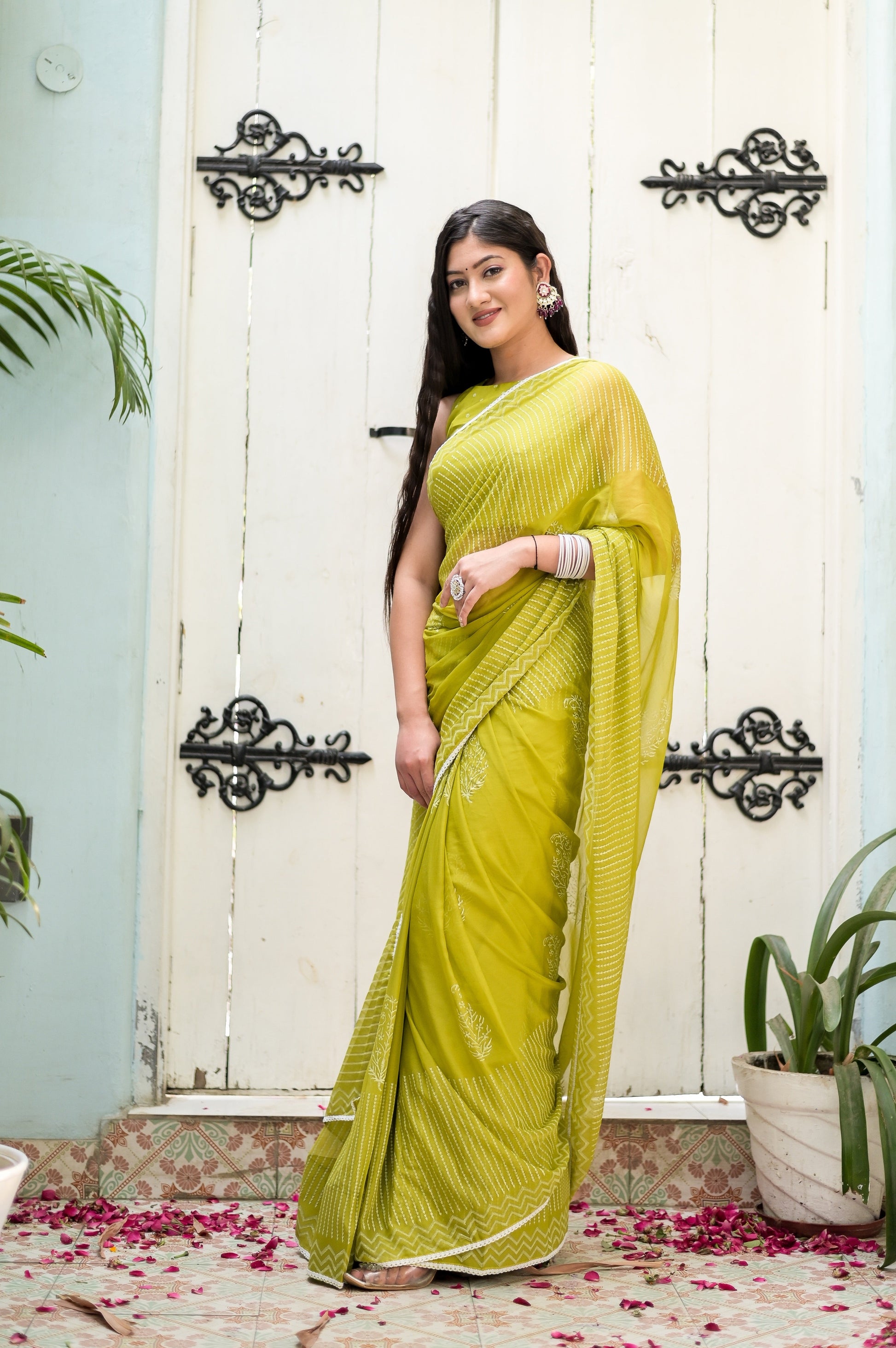 Delicate Green Chiffon Handblock Printed Saree Geometric Floral