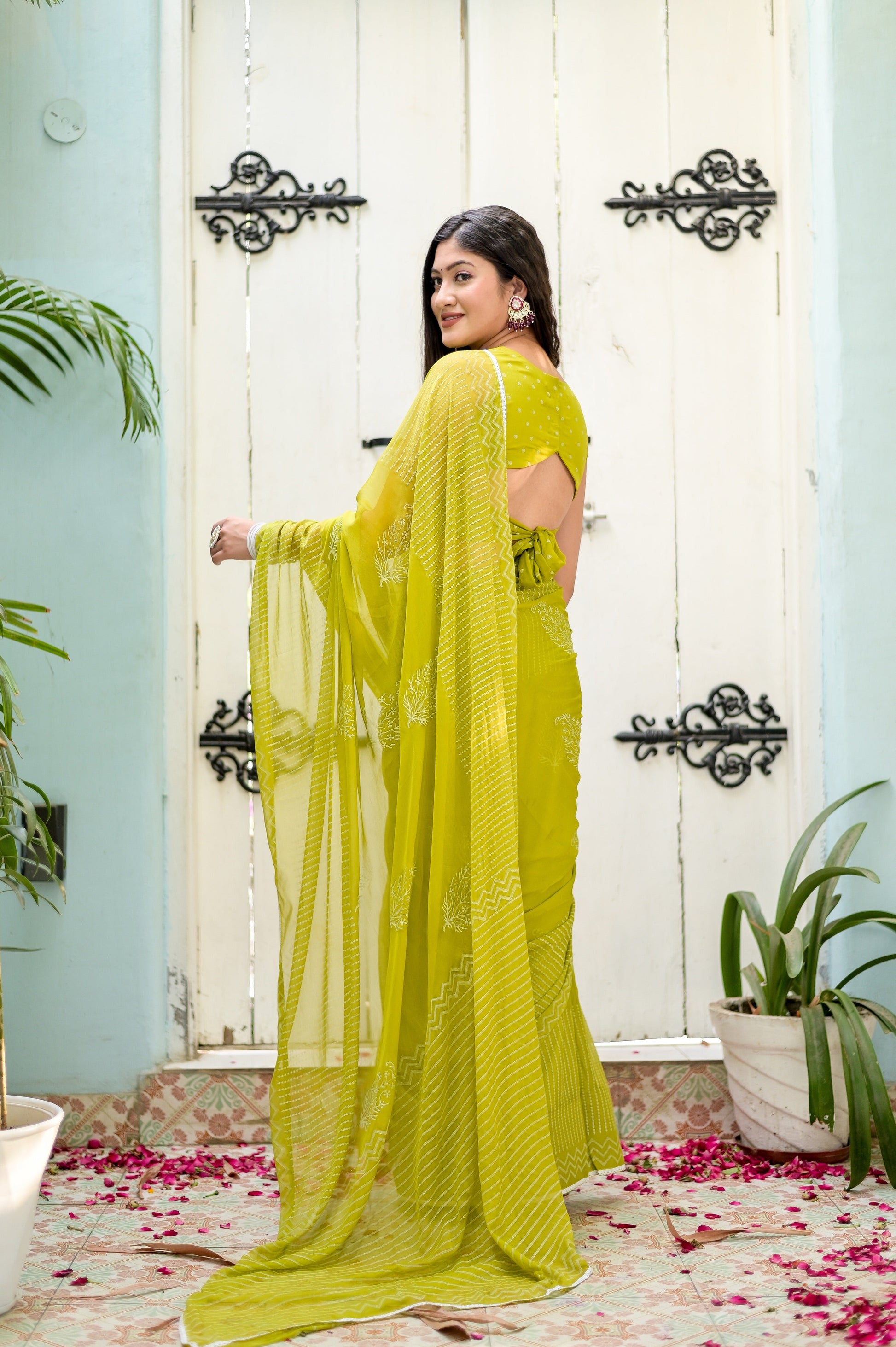 Delicate Green Chiffon Handblock Printed Saree Geometric Floral