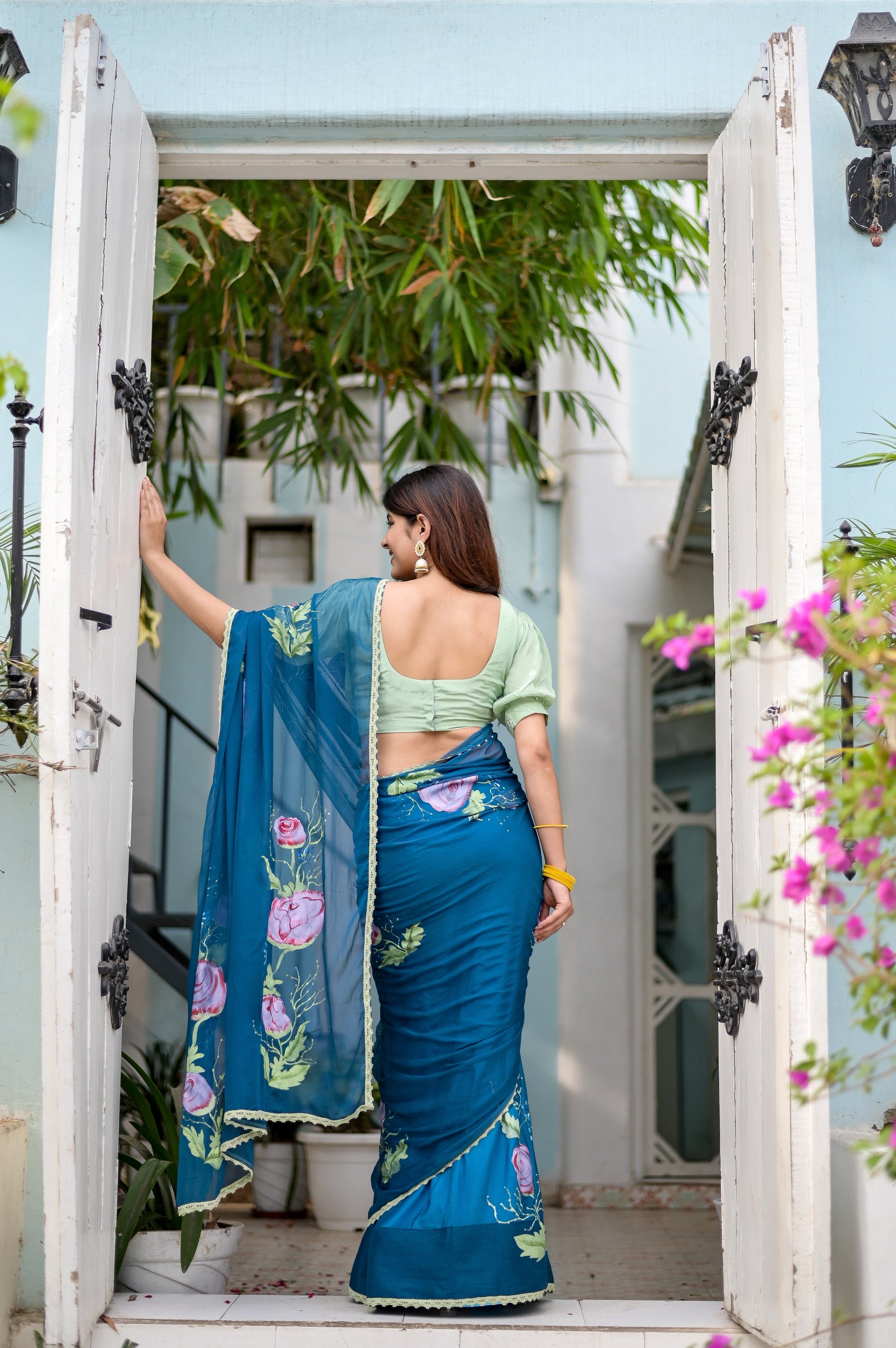 Artistic Blue Multicolor Handpainted Chiffon Saree Floral