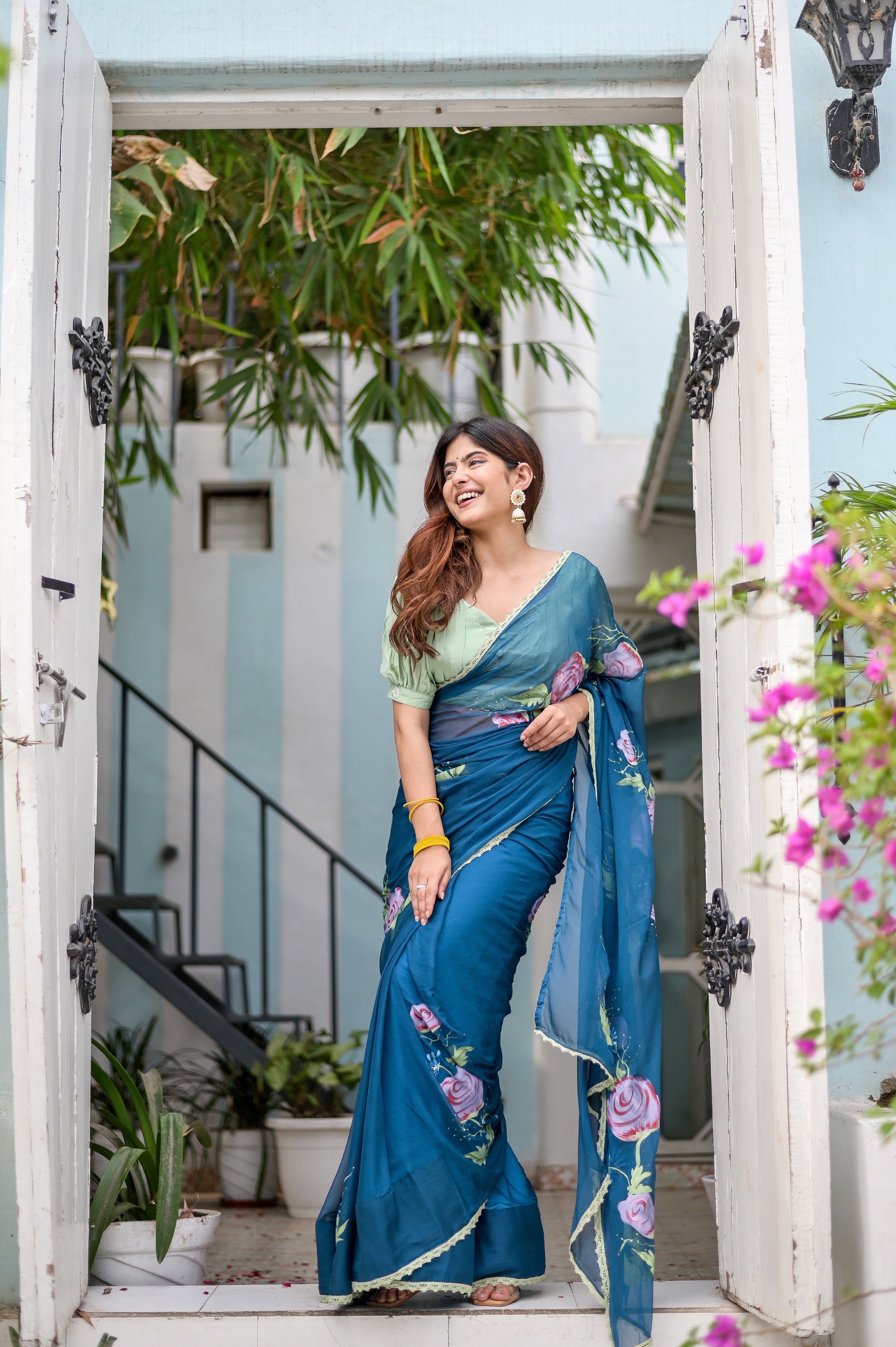Artistic Blue Multicolor Handpainted Chiffon Saree Floral