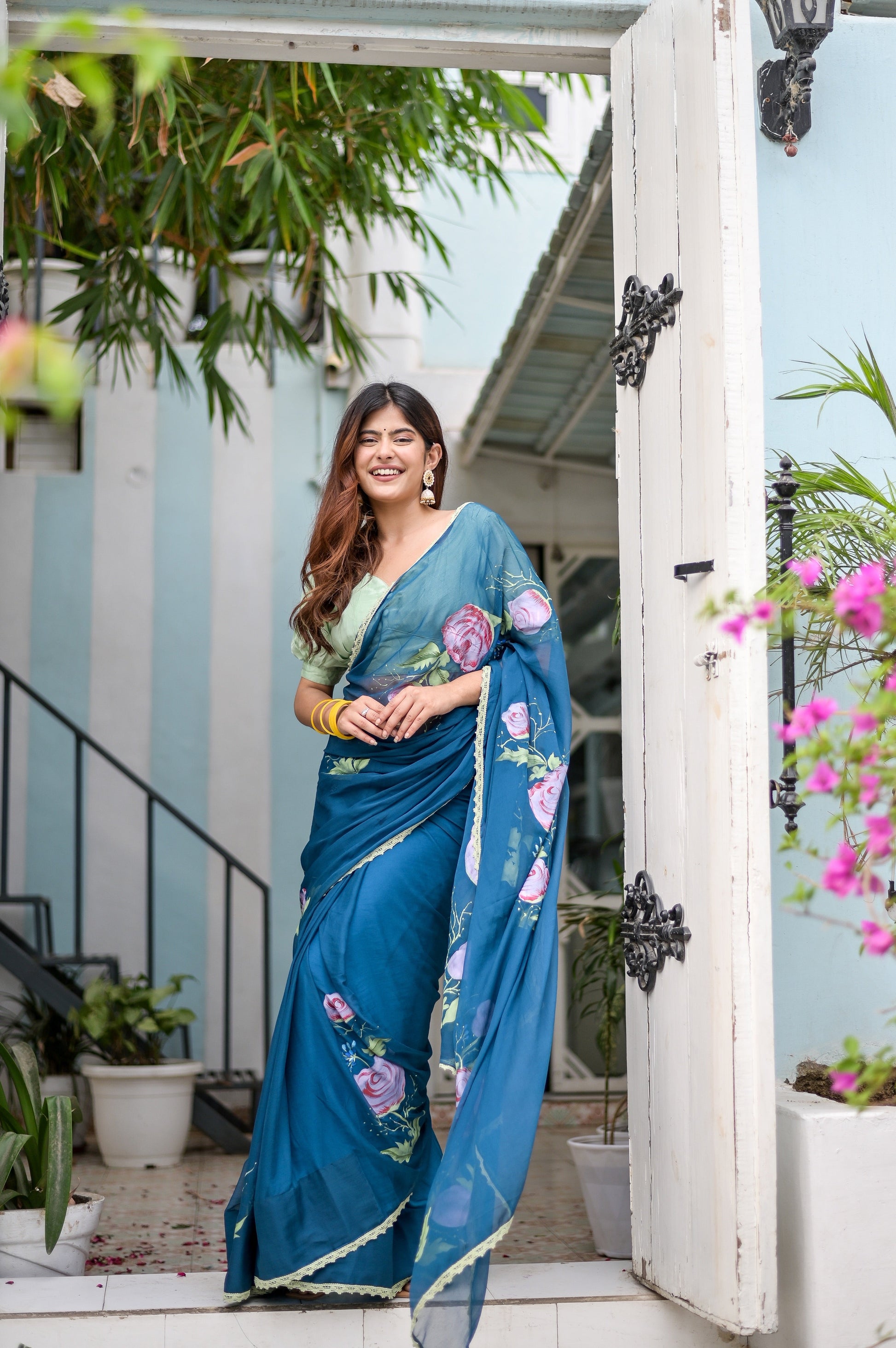 Artistic Blue Multicolor Handpainted Chiffon Saree Floral