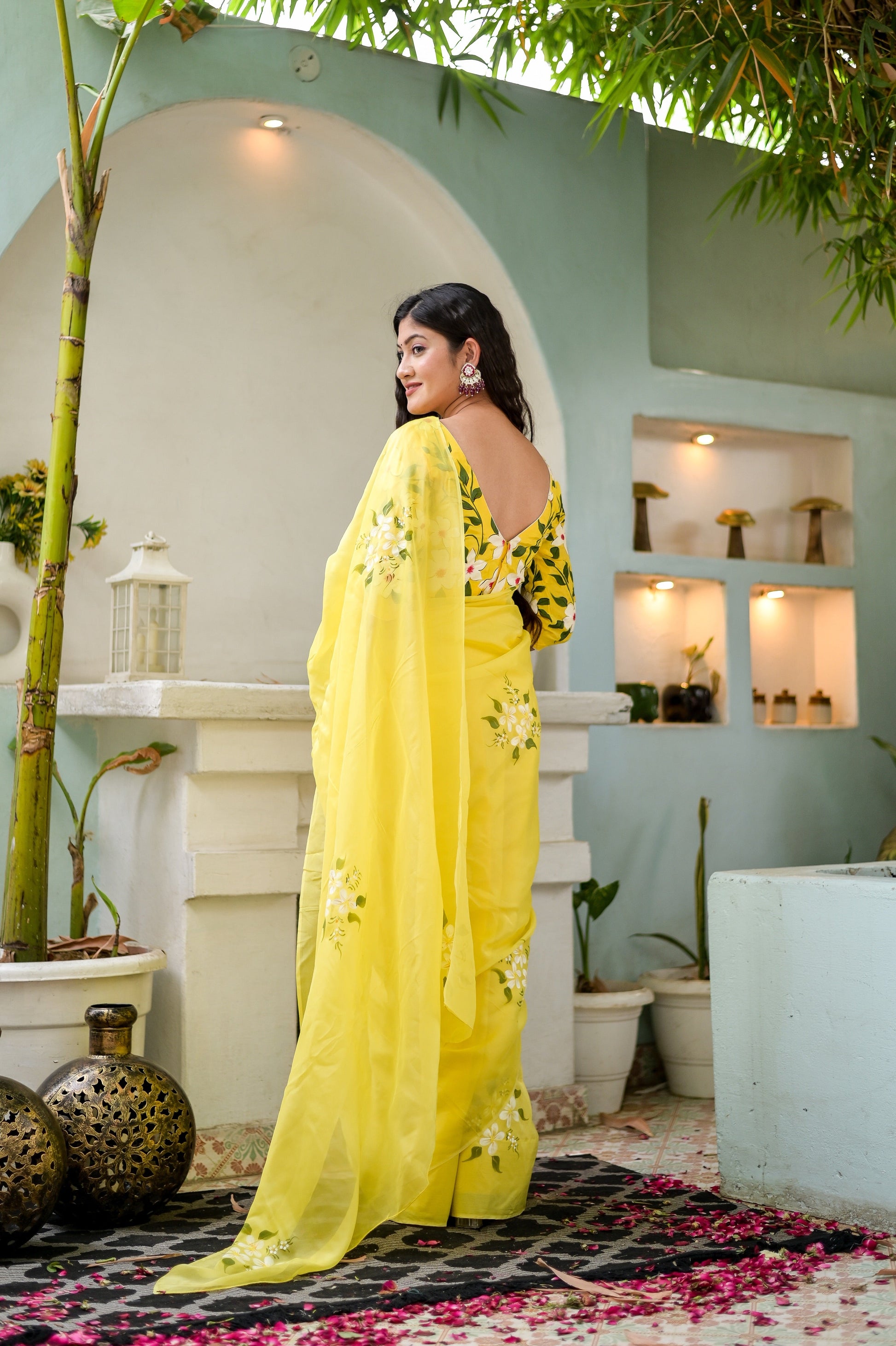Artistic Yellow Viscose Silk Organza Handpainted Saree Floral