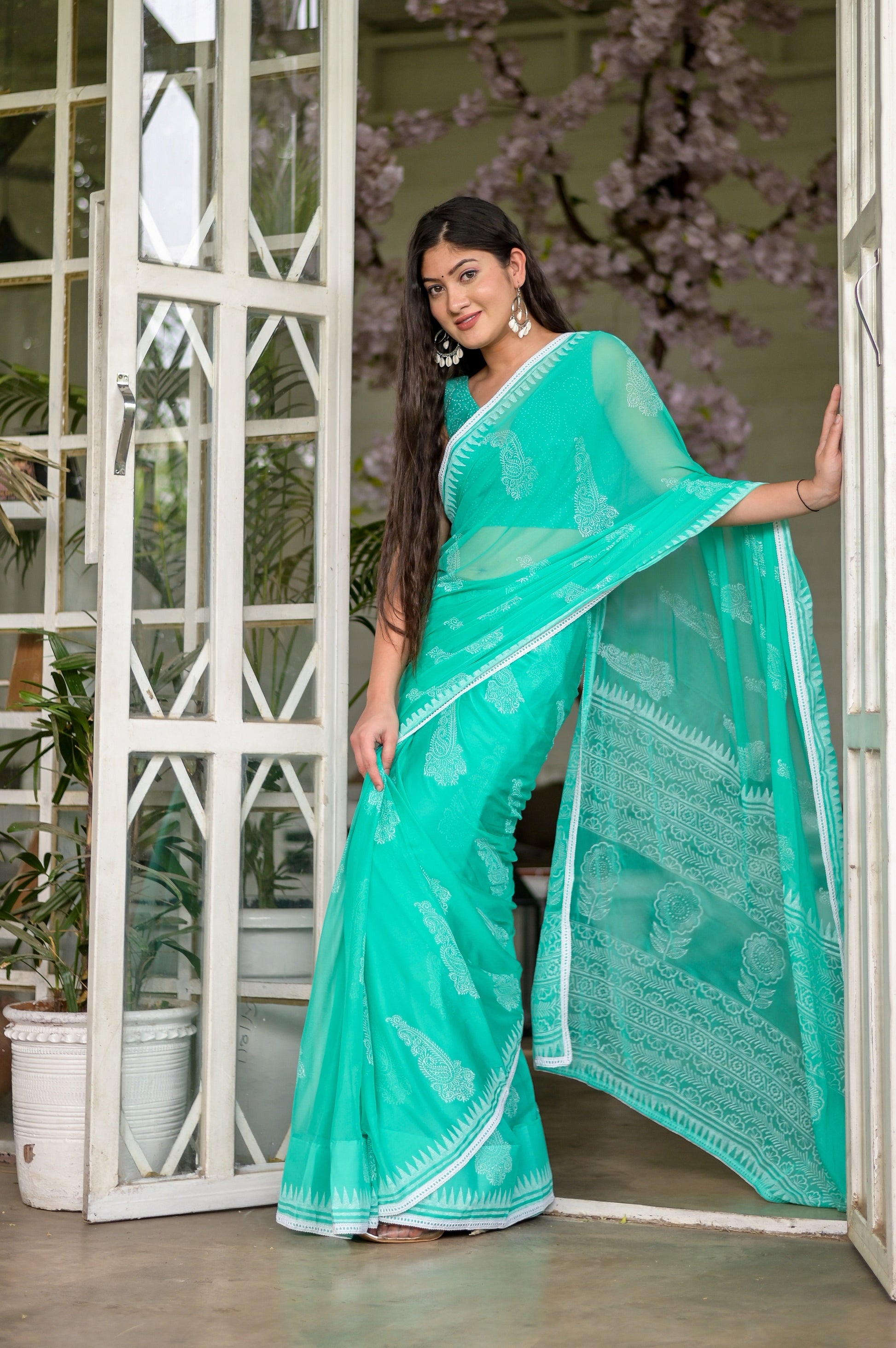 Timeless Green Sage Chiffon Handblock Saree Nature Inspired