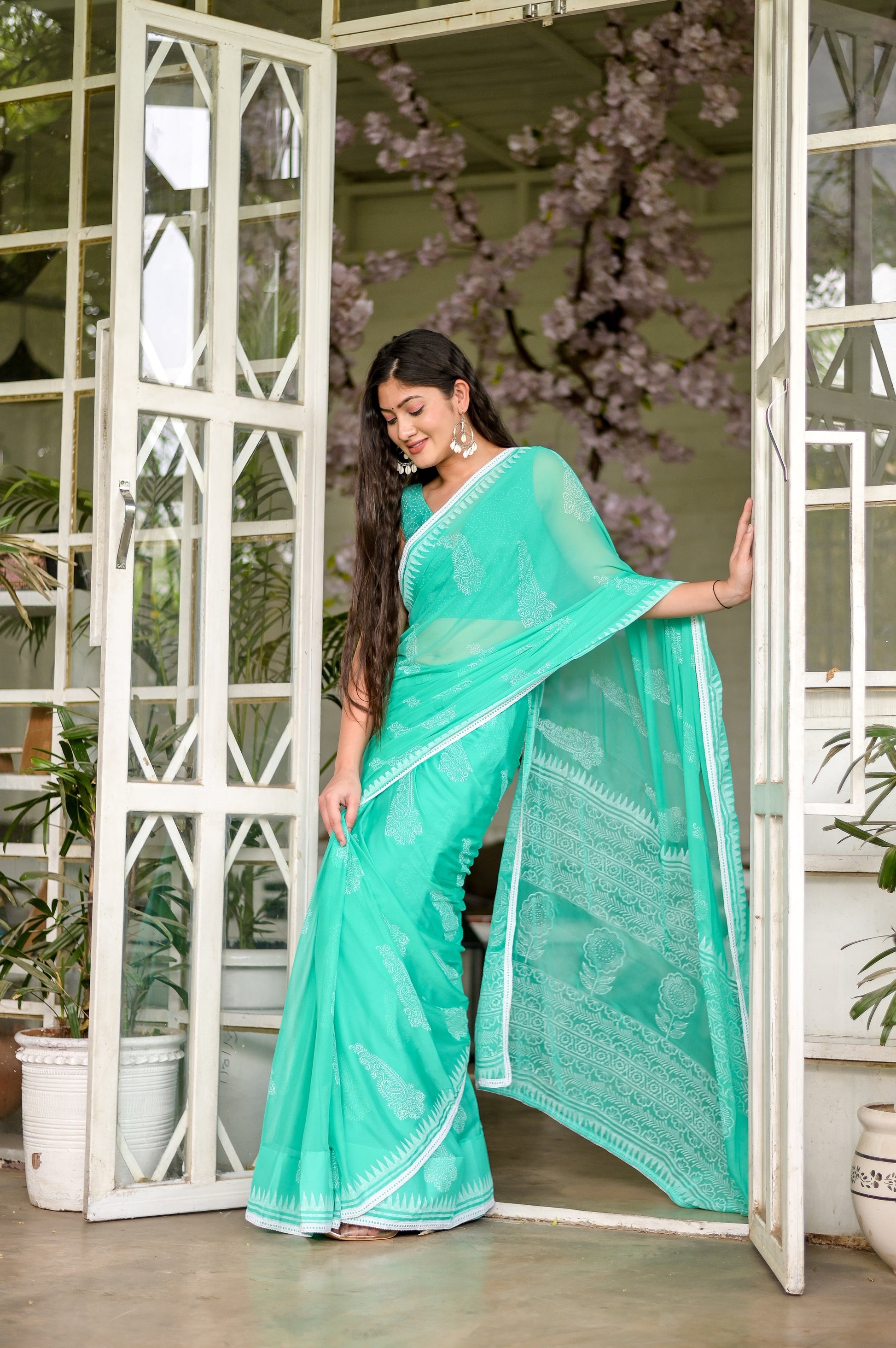Timeless Green Sage Chiffon Handblock Saree Nature Inspired