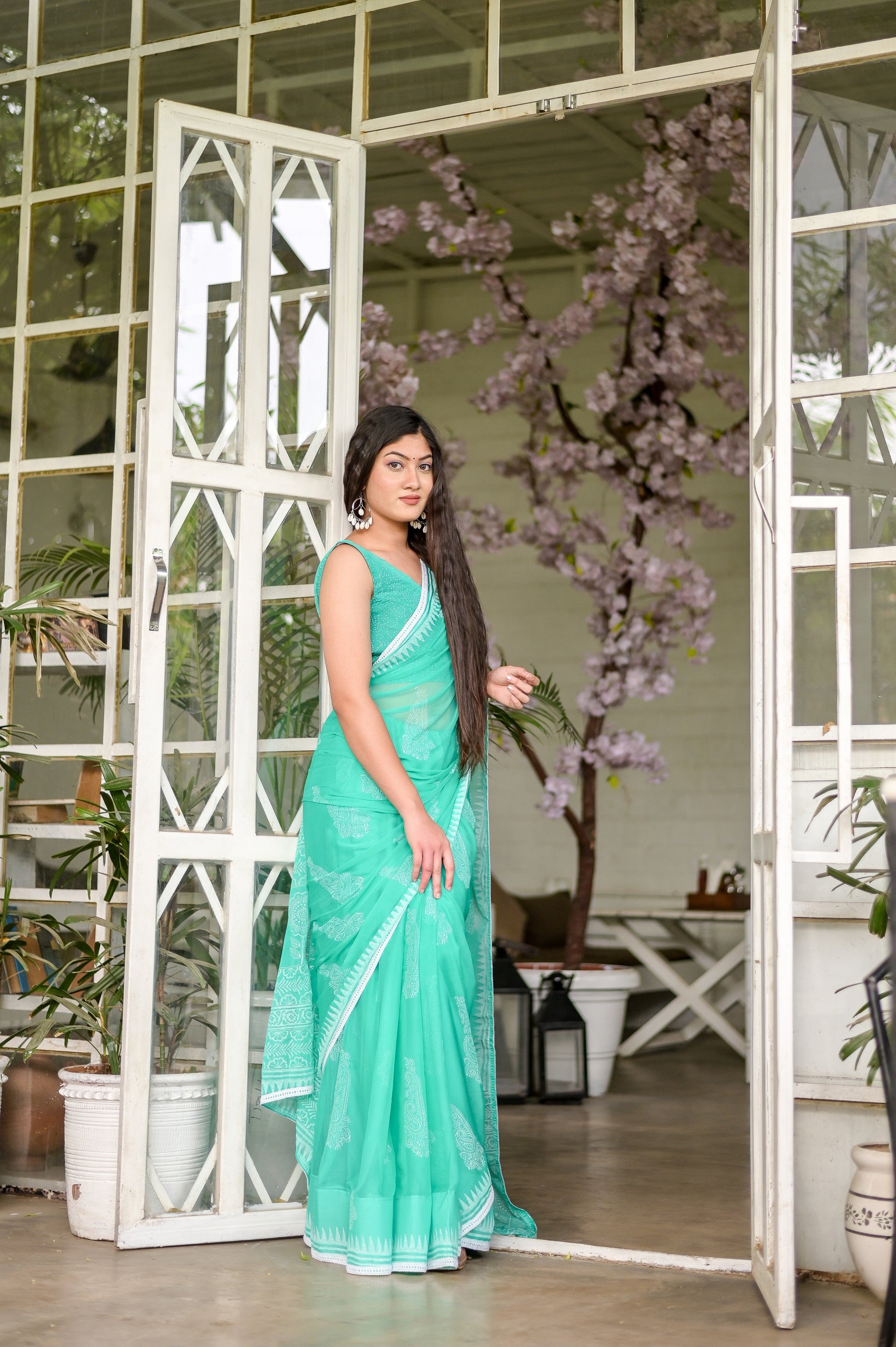 Timeless Green Sage Chiffon Handblock Saree Nature Inspired