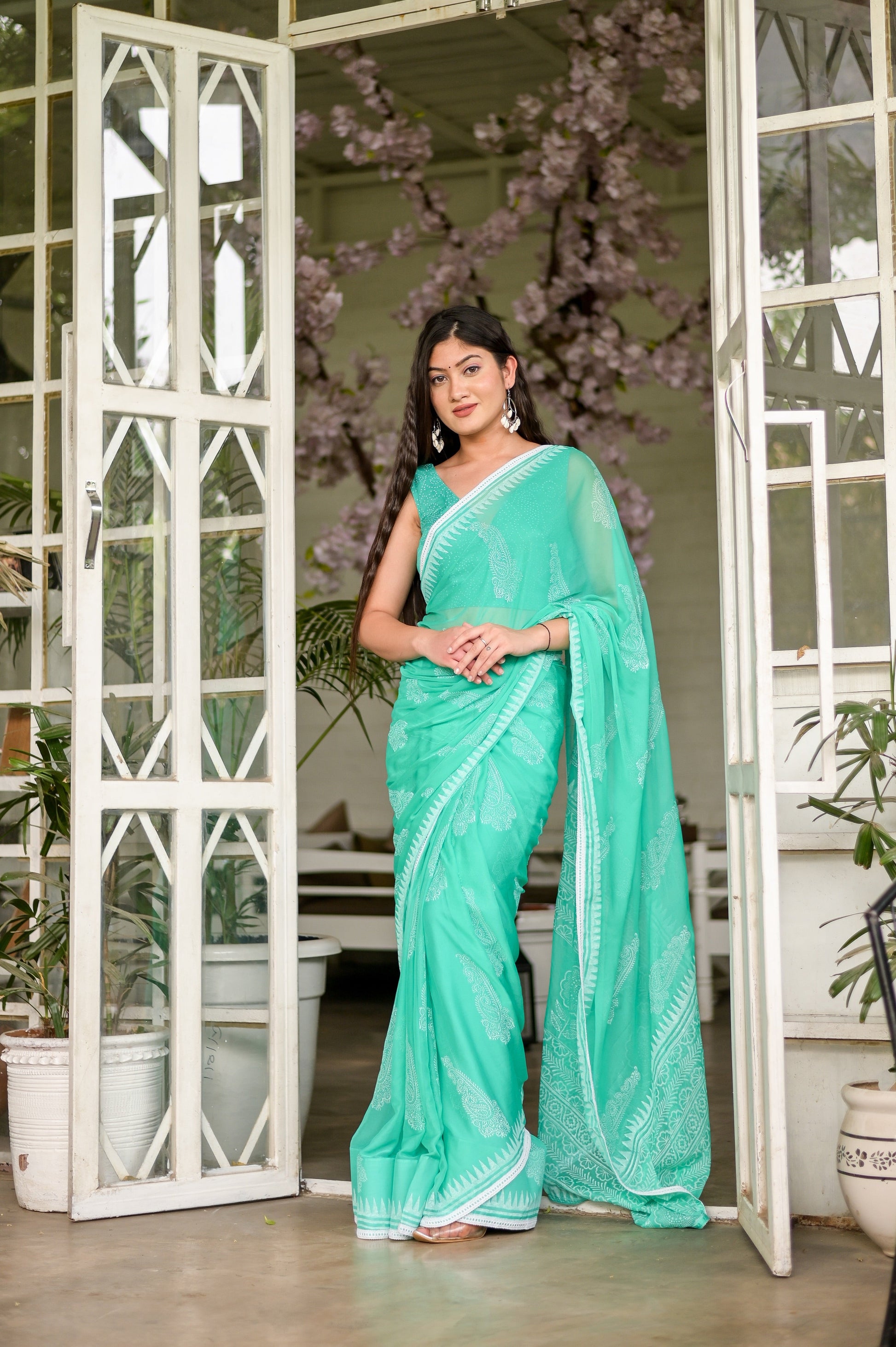Timeless Green Sage Chiffon Handblock Saree Nature Inspired