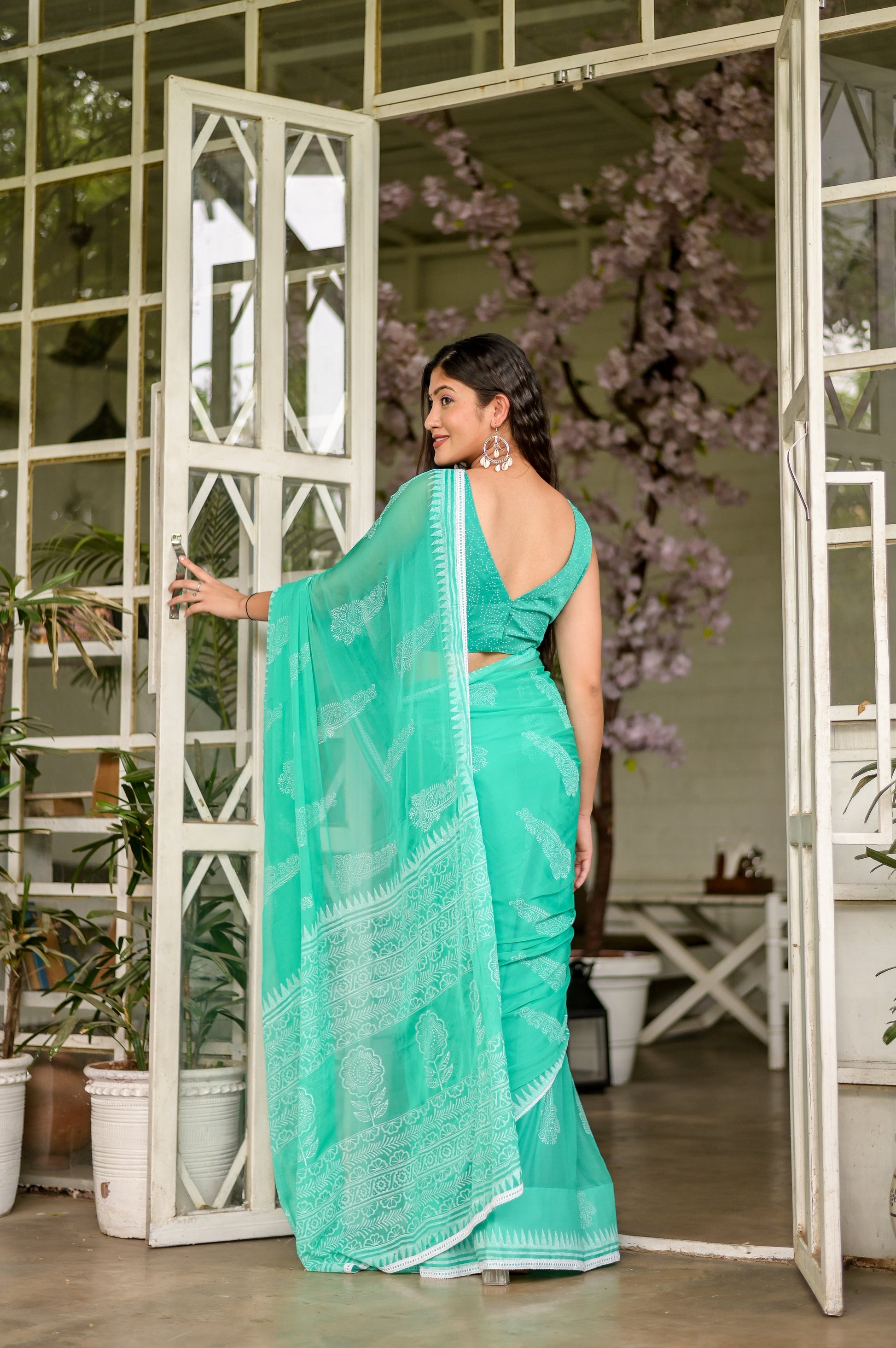 Timeless Green Sage Chiffon Handblock Saree Nature Inspired