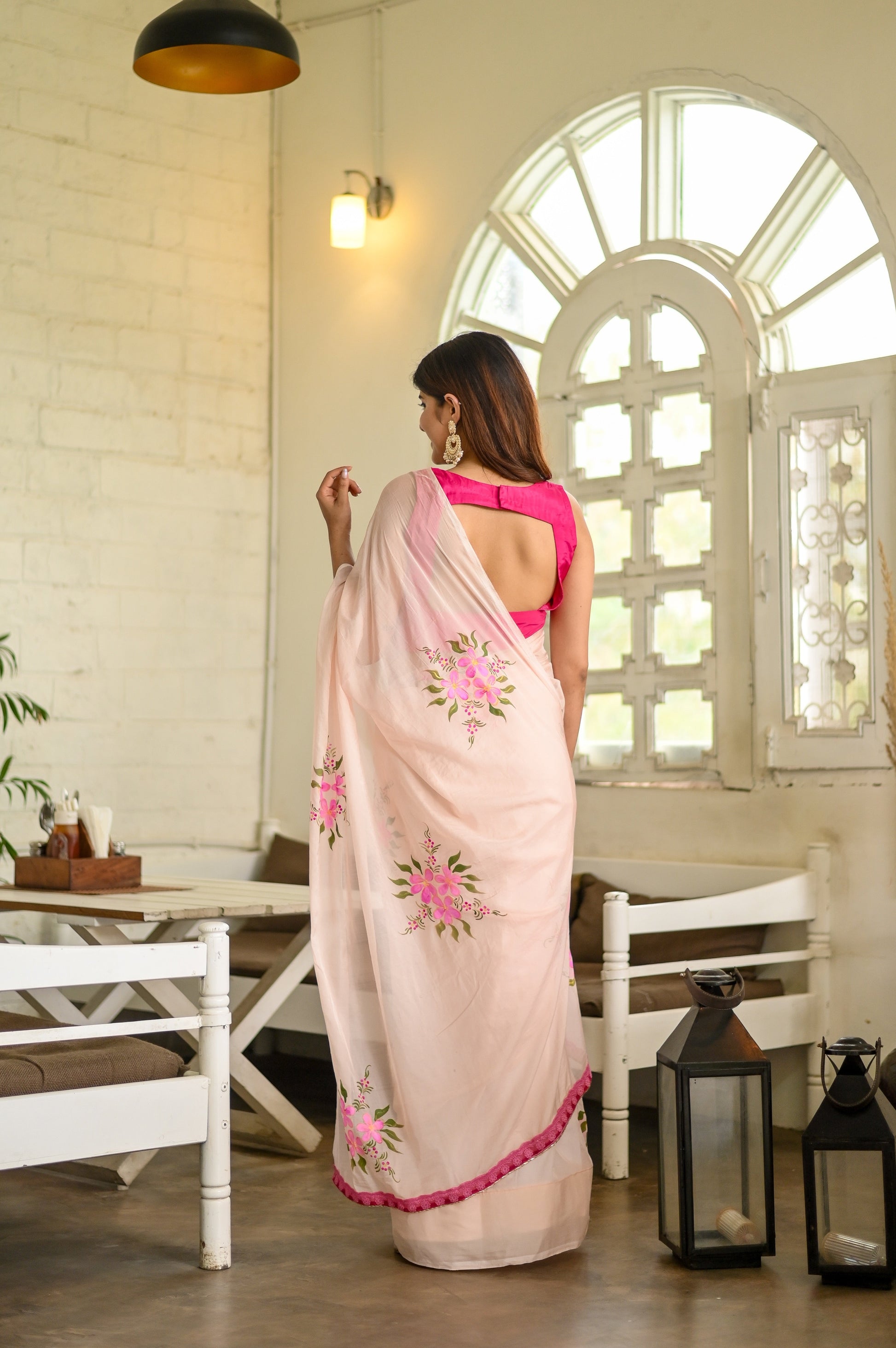 Blushing Brushstrokes Handpainted Pink Floral Viscose Organza Saree