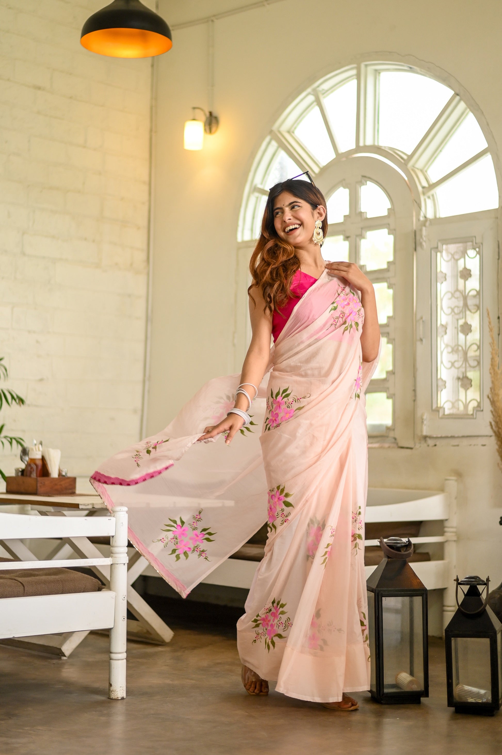 Blushing Brushstrokes Handpainted Pink Floral Viscose Organza Saree