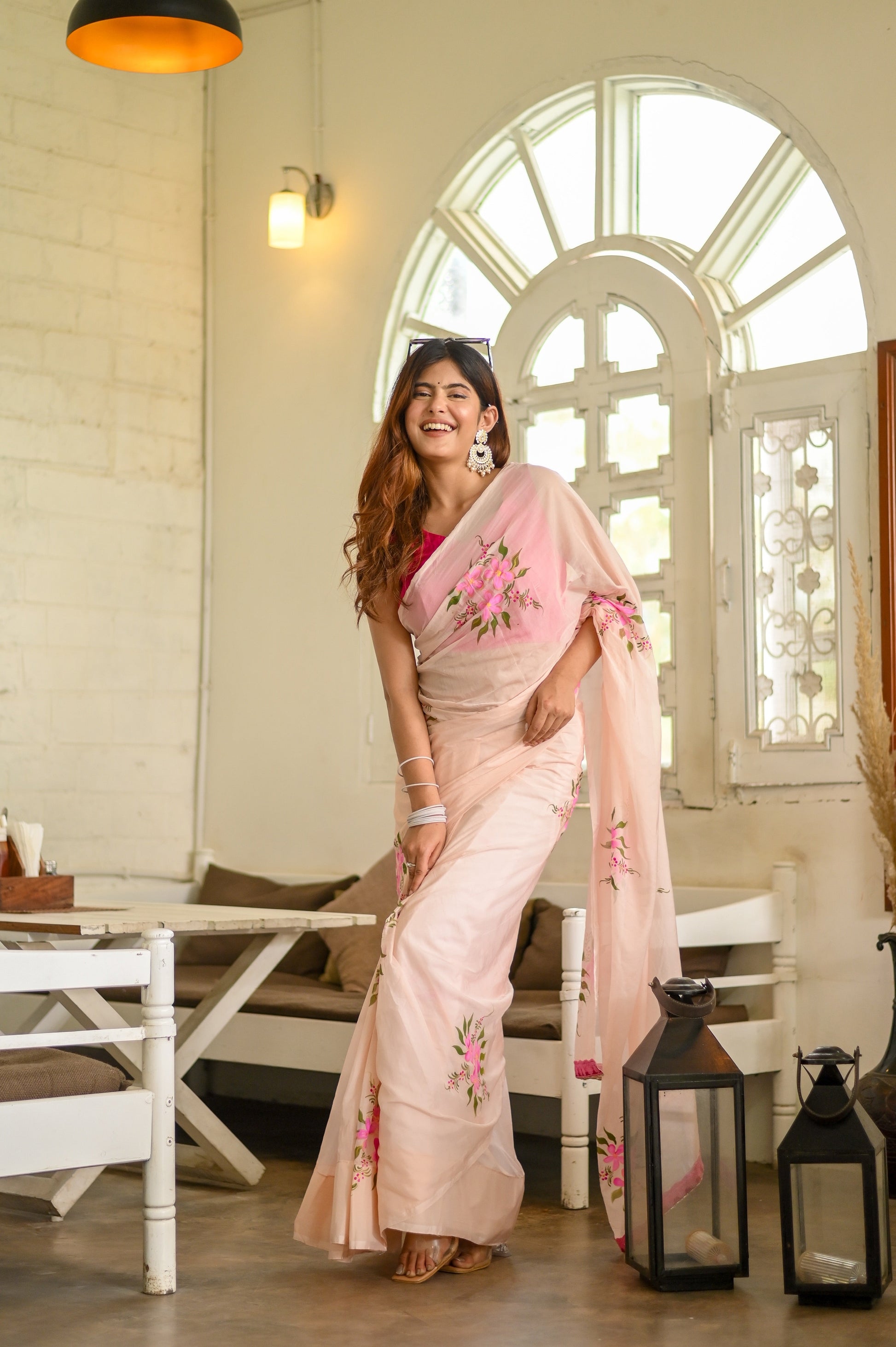 Blushing Brushstrokes Handpainted Pink Floral Viscose Organza Saree