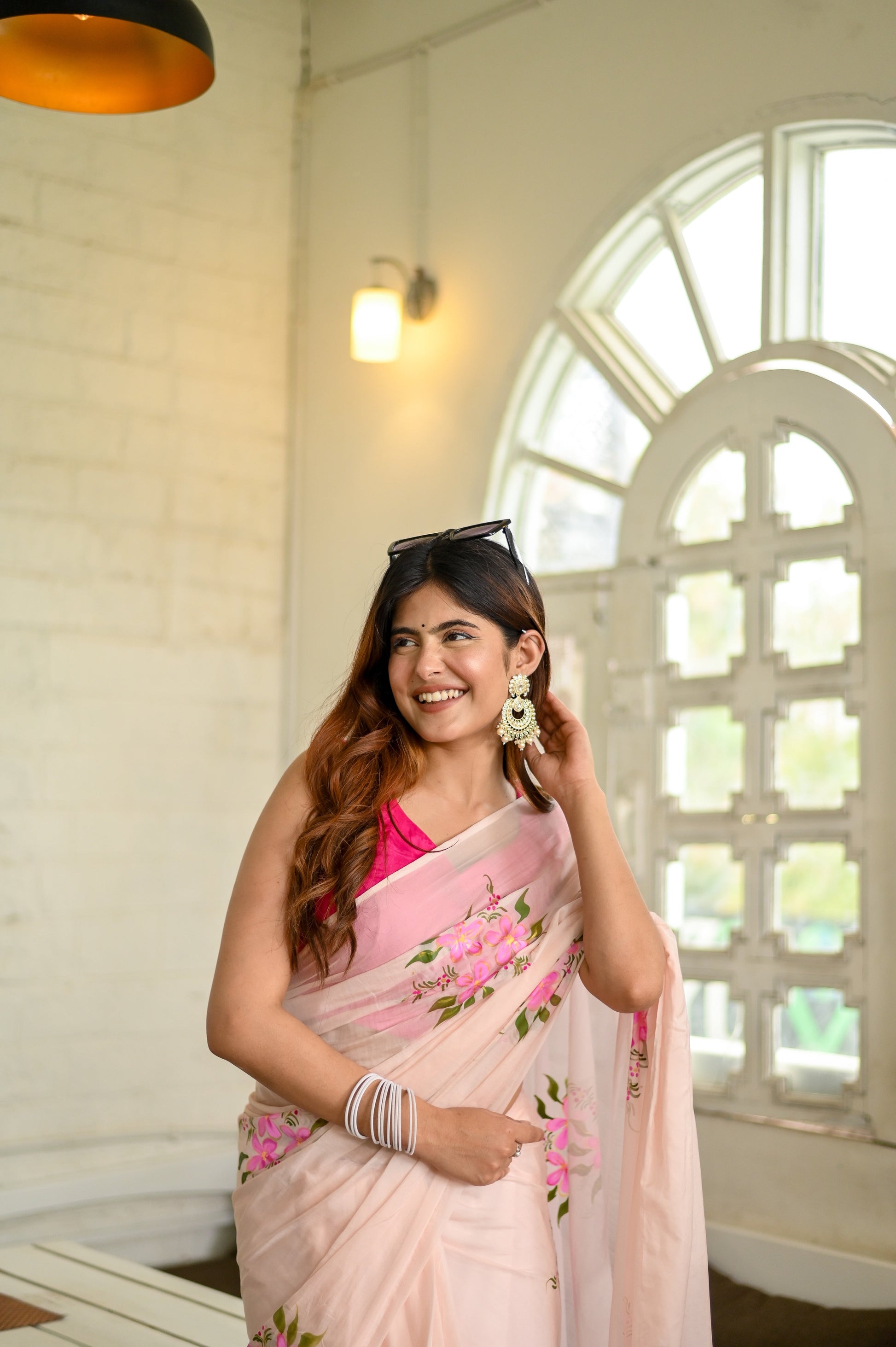 Blushing Brushstrokes Handpainted Pink Floral Viscose Organza Saree