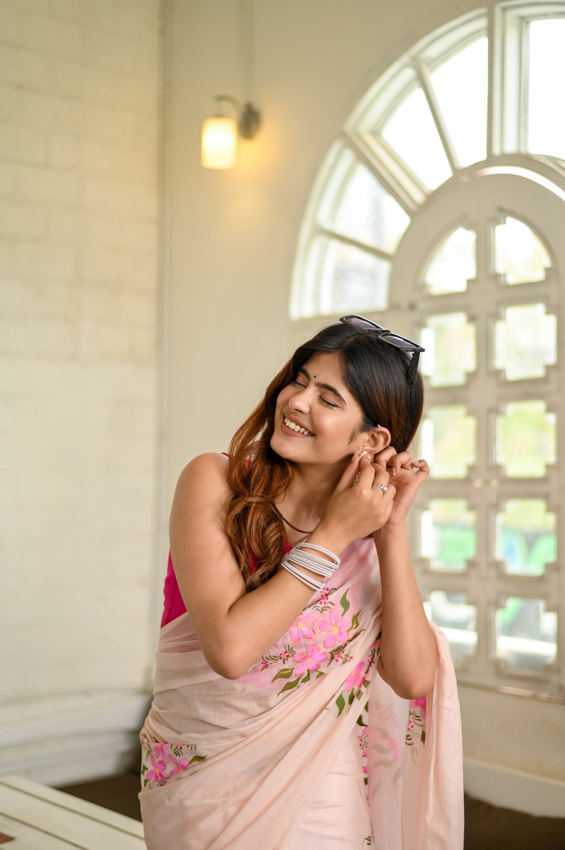 Blushing Brushstrokes Handpainted Pink Floral Viscose Organza Saree