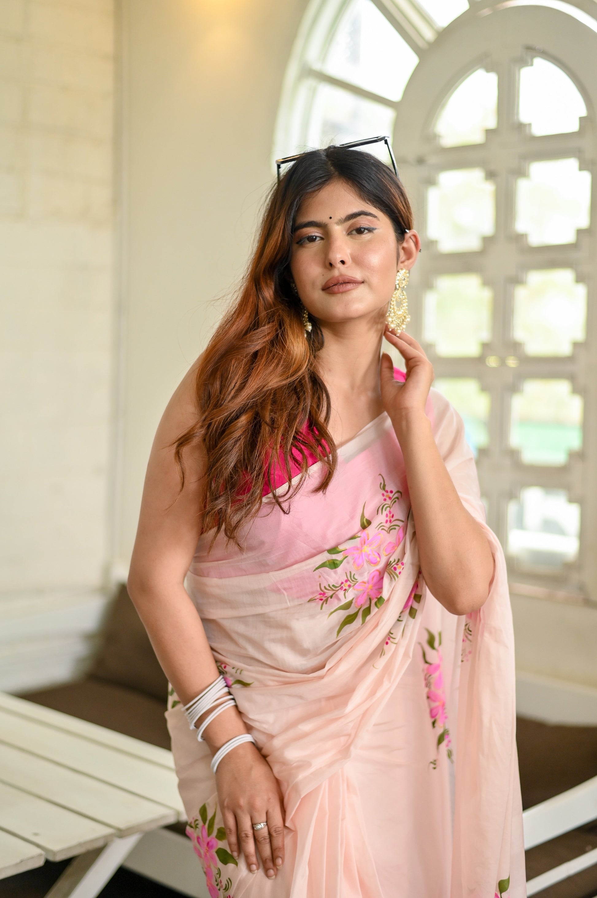 Blushing Brushstrokes Handpainted Pink Floral Viscose Organza Saree