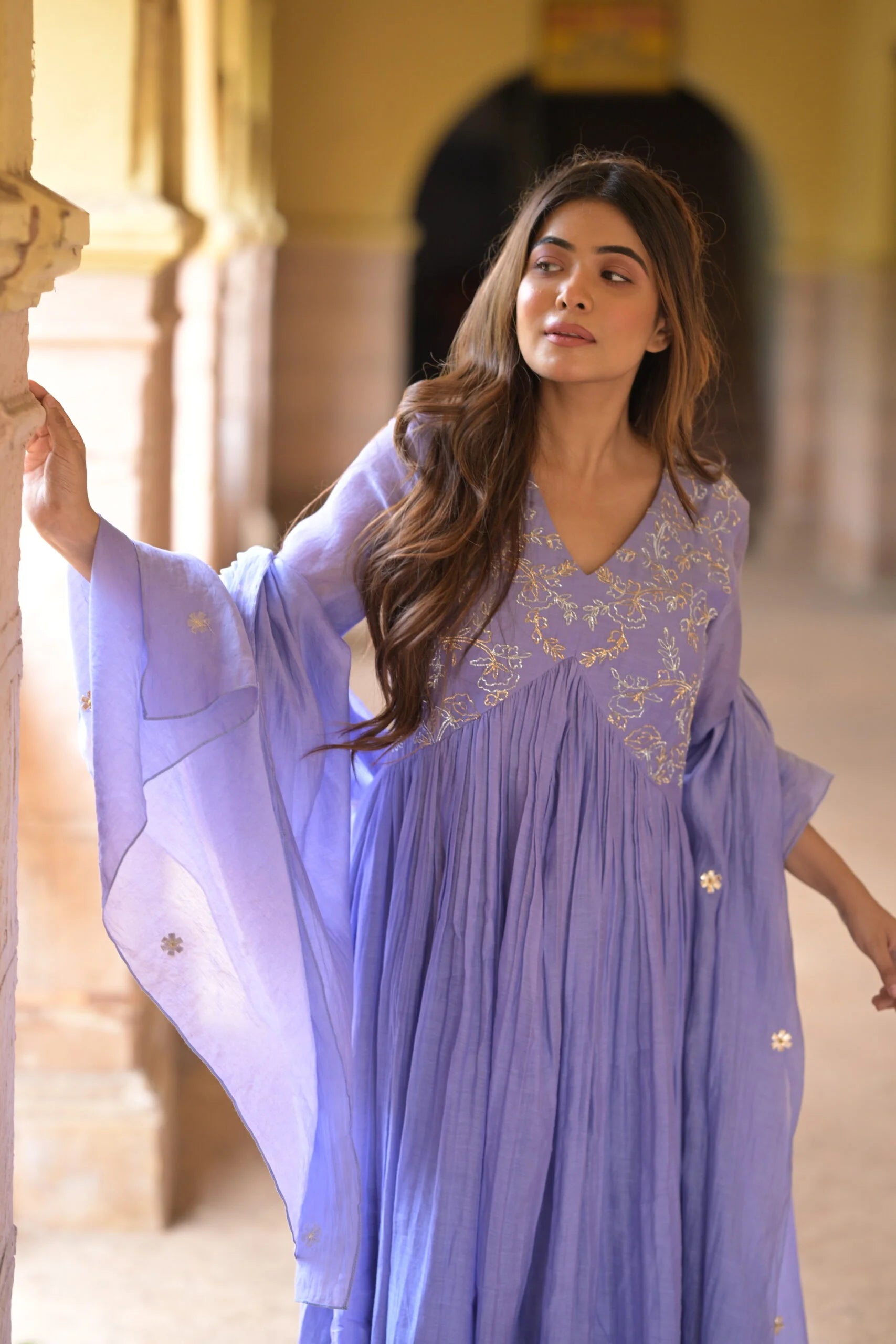 Elegant Lavender Purple Mul Chanderi Anarkali Kurta Set Floral Embroidery