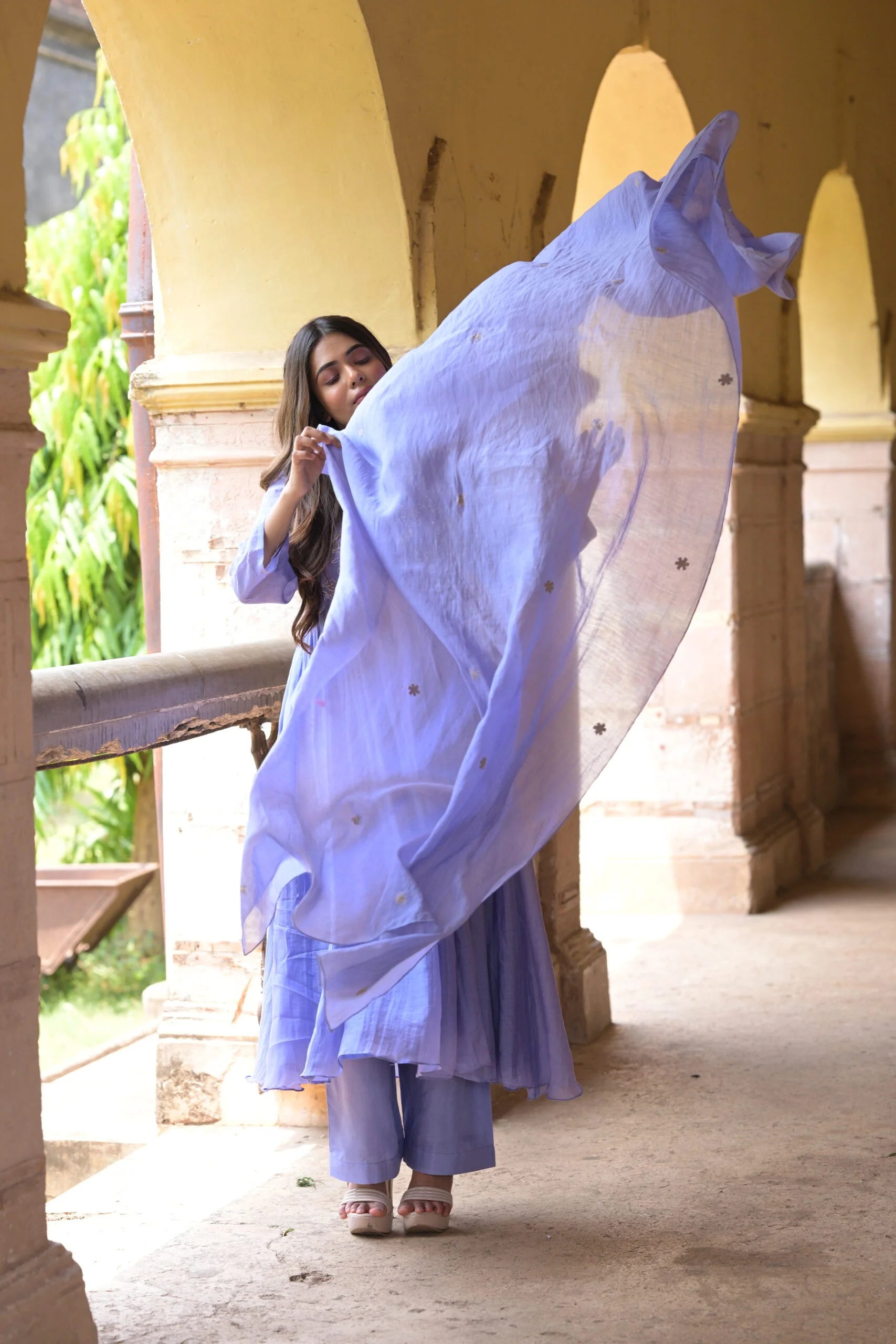 Elegant Lavender Purple Mul Chanderi Anarkali Kurta Set Floral Embroidery