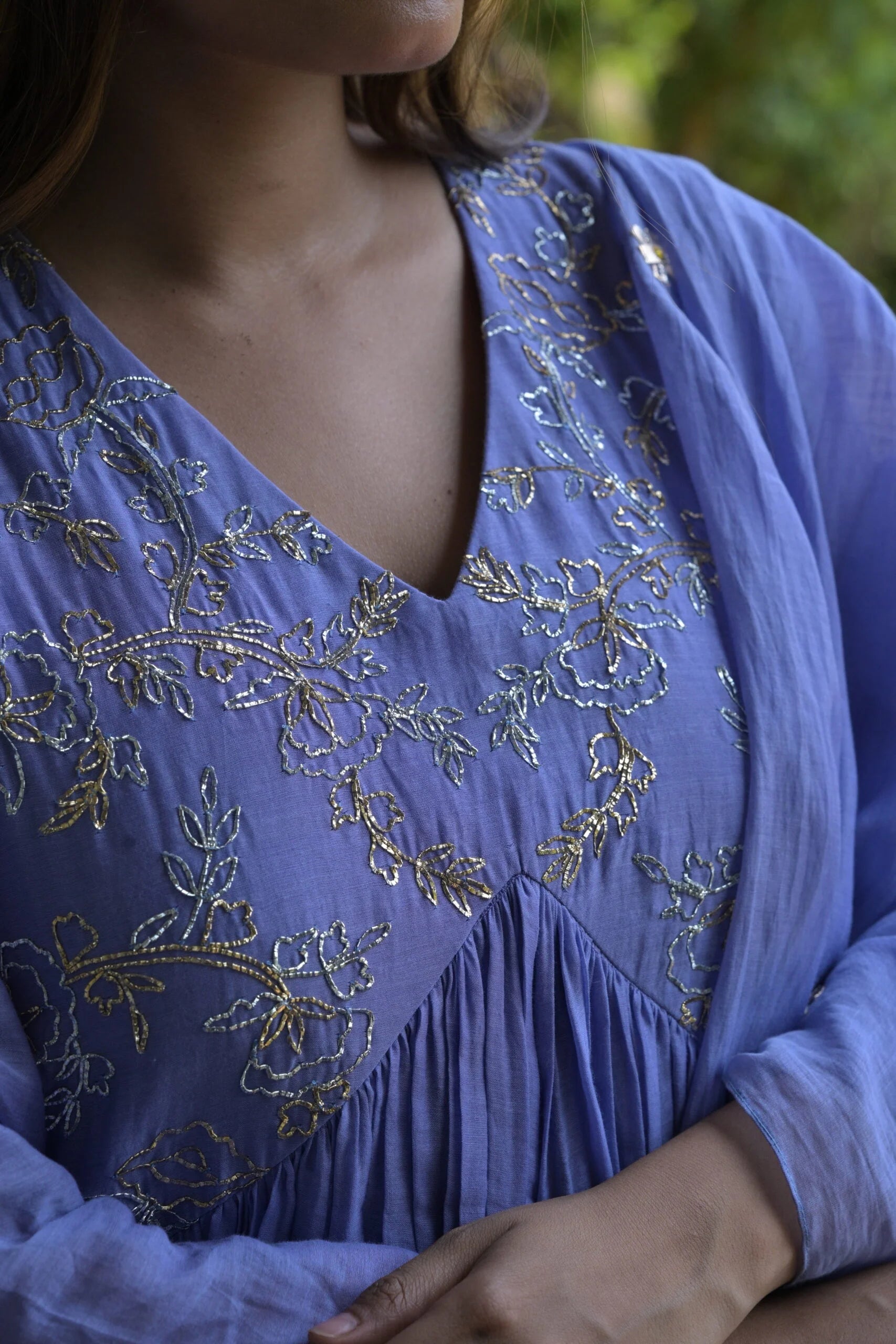 Elegant Lavender Purple Mul Chanderi Anarkali Kurta Set Floral Embroidery