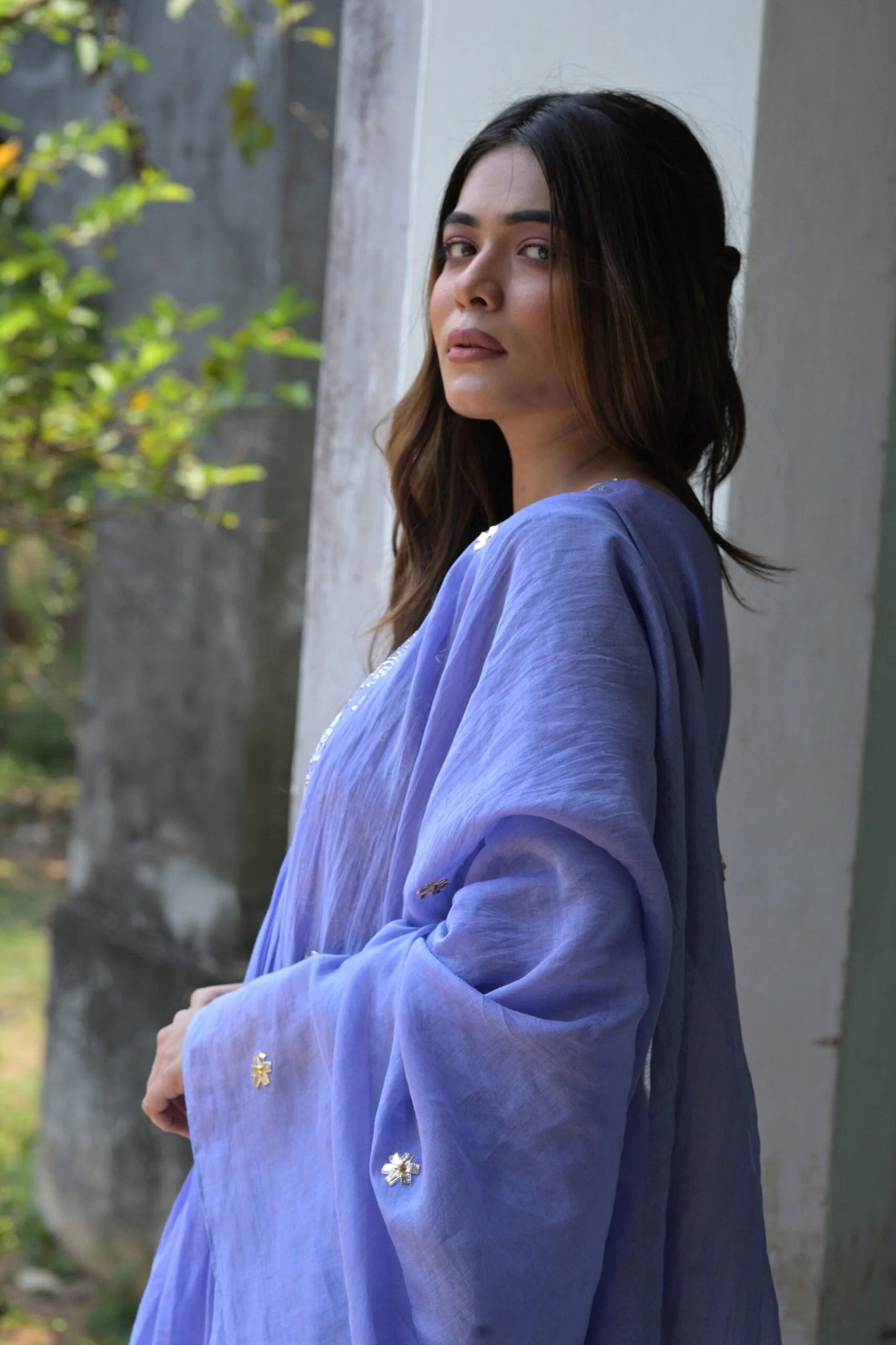 Elegant Lavender Purple Mul Chanderi Anarkali Kurta Set Floral Embroidery