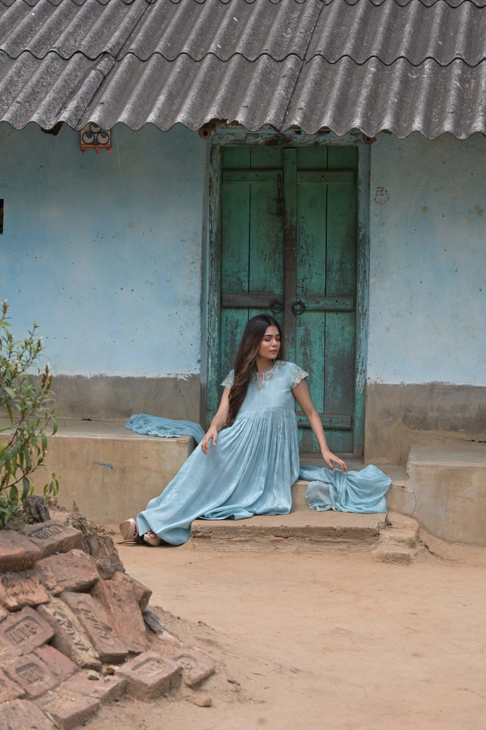 Ethereal Blue Falling Tissue Anarkali Kurta