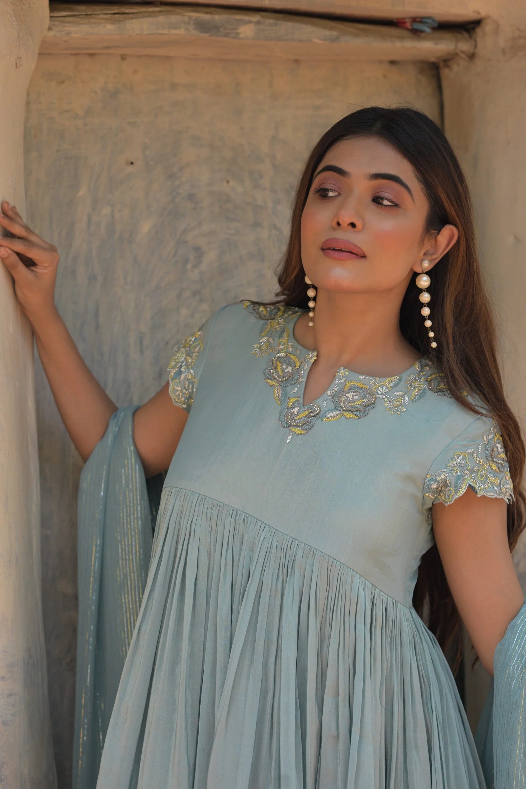 Ethereal Blue Falling Tissue Anarkali Kurta