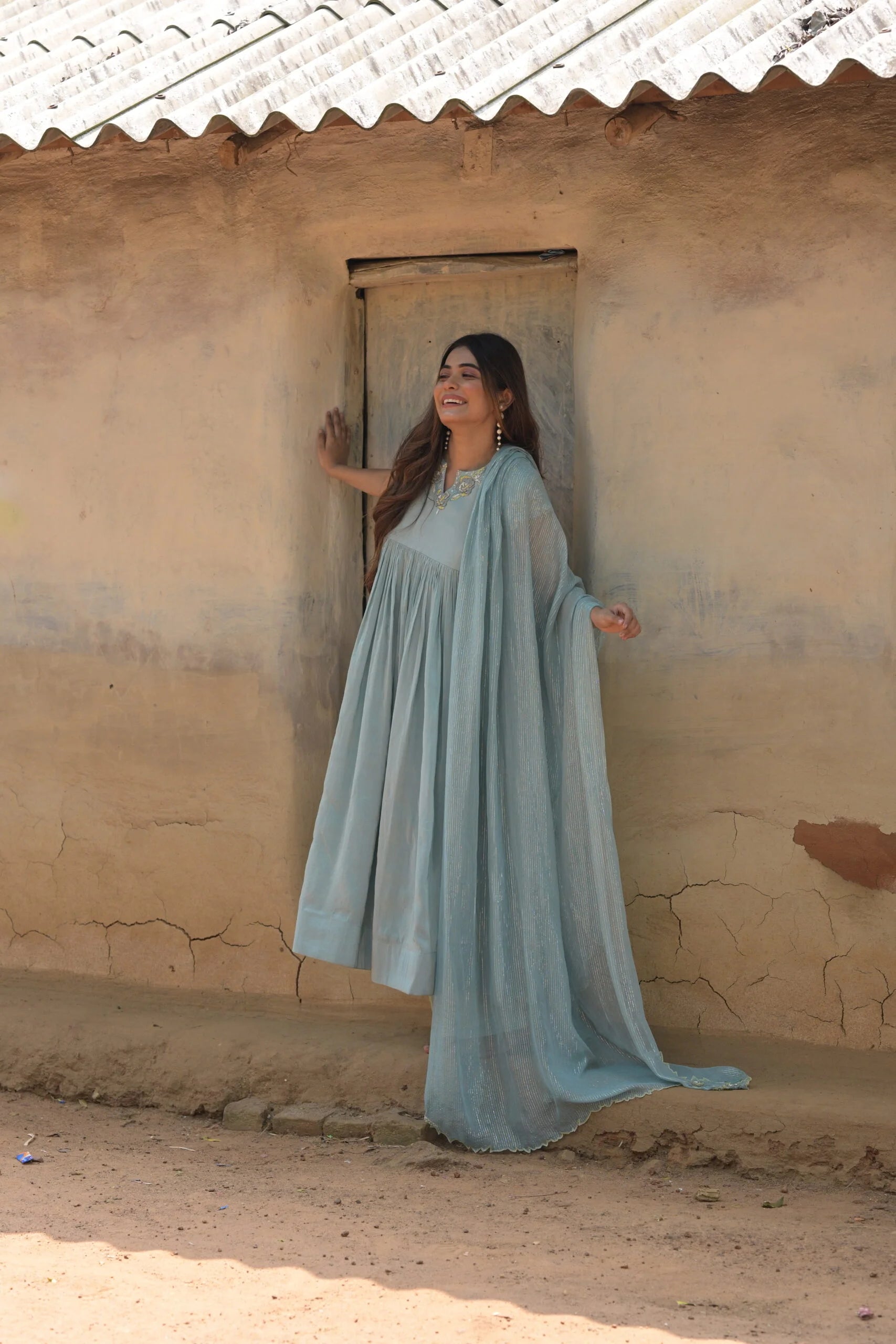 Ethereal Blue Falling Tissue Anarkali Kurta