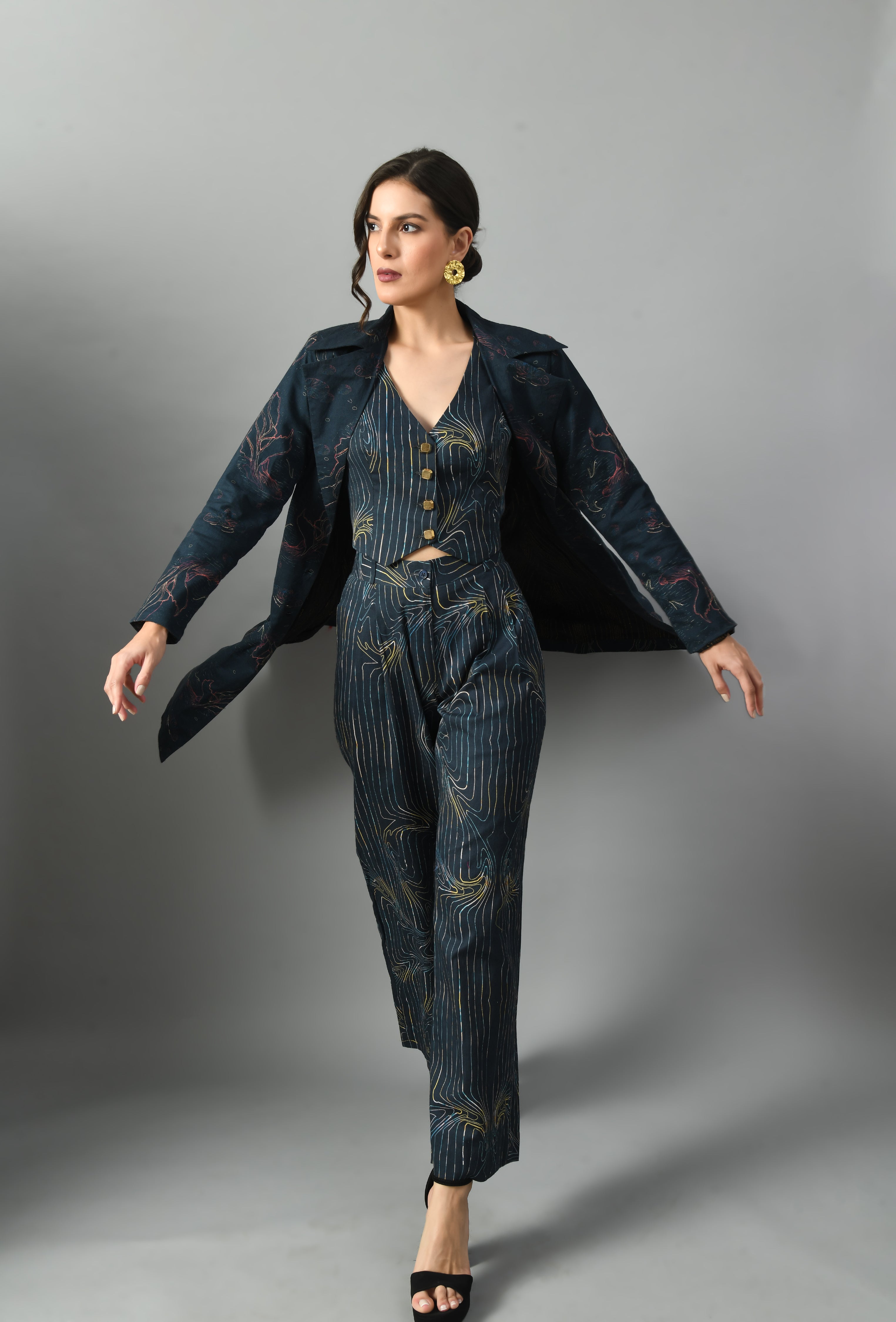 Unique Royal Blue Linen Alice in Wondersea Trench Waistcoat Trouser Set