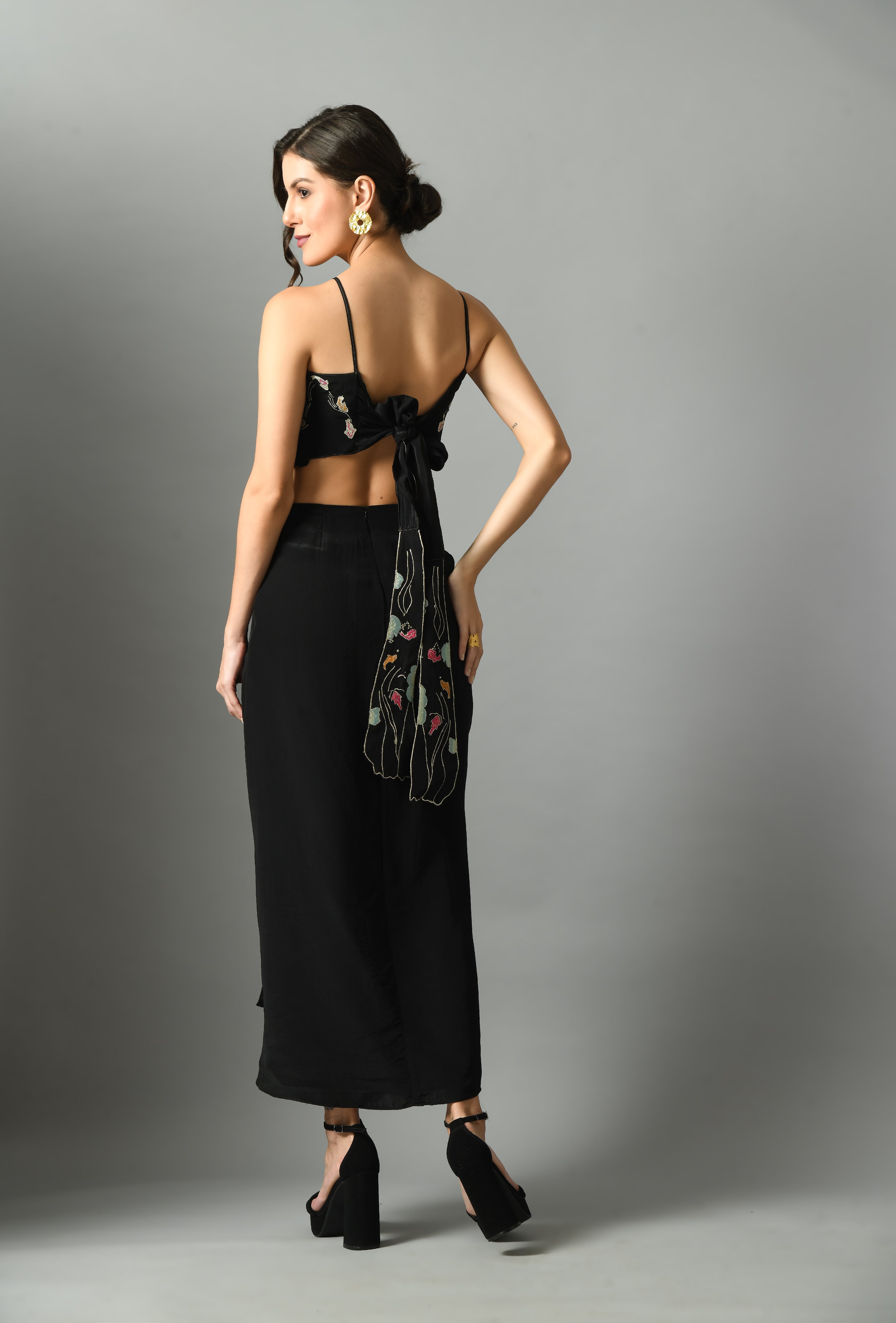 Luxurious Black Crepe Silk Nur Bustier Moonshine Draped Skirt Embroidery