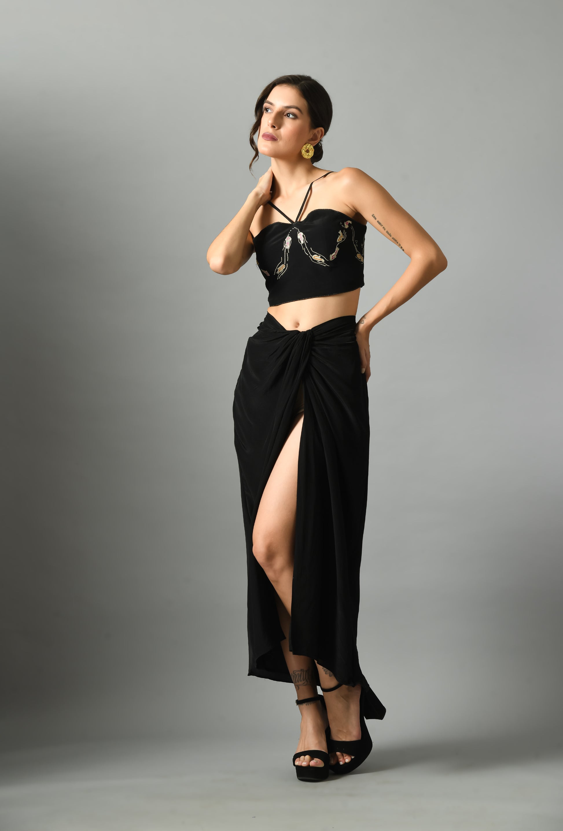 Luxurious Black Crepe Silk Nur Bustier Moonshine Draped Skirt Embroidery