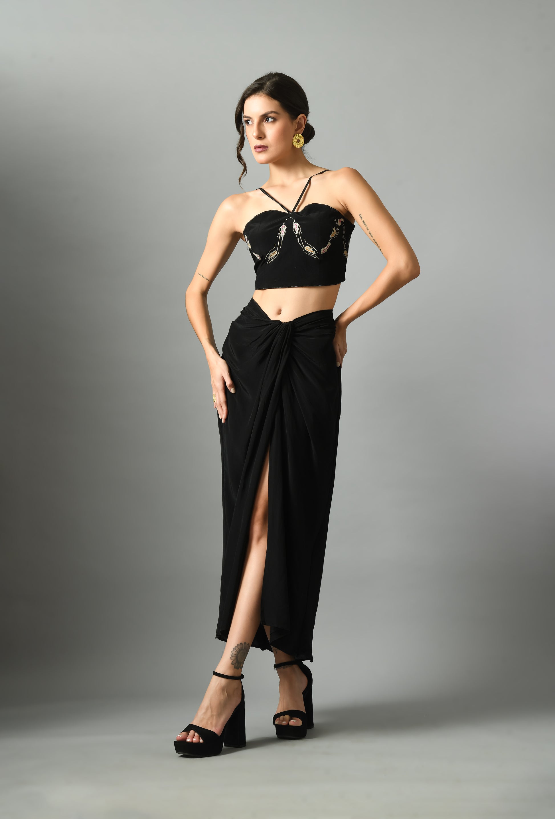 Luxurious Black Crepe Silk Nur Bustier Moonshine Draped Skirt Embroidery