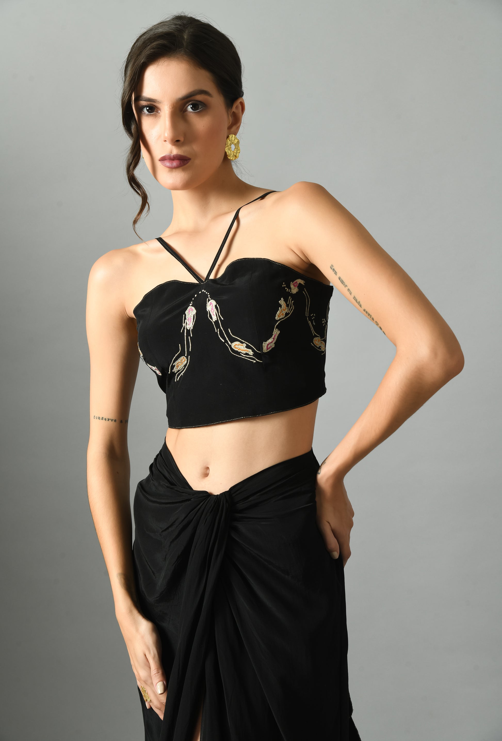 Luxurious Black Crepe Silk Nur Bustier Moonshine Draped Skirt Embroidery