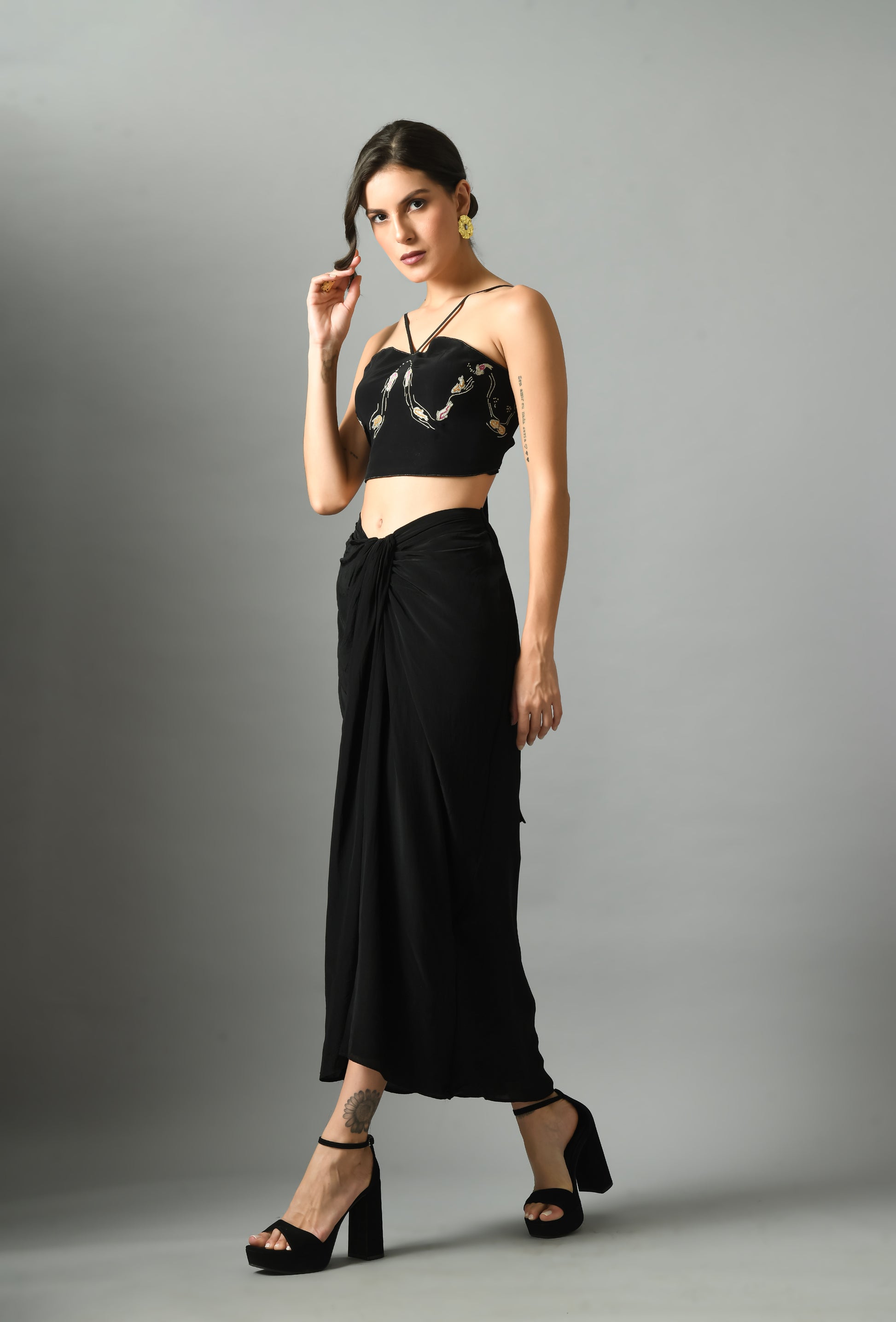 Luxurious Black Crepe Silk Nur Bustier Moonshine Draped Skirt Embroidery