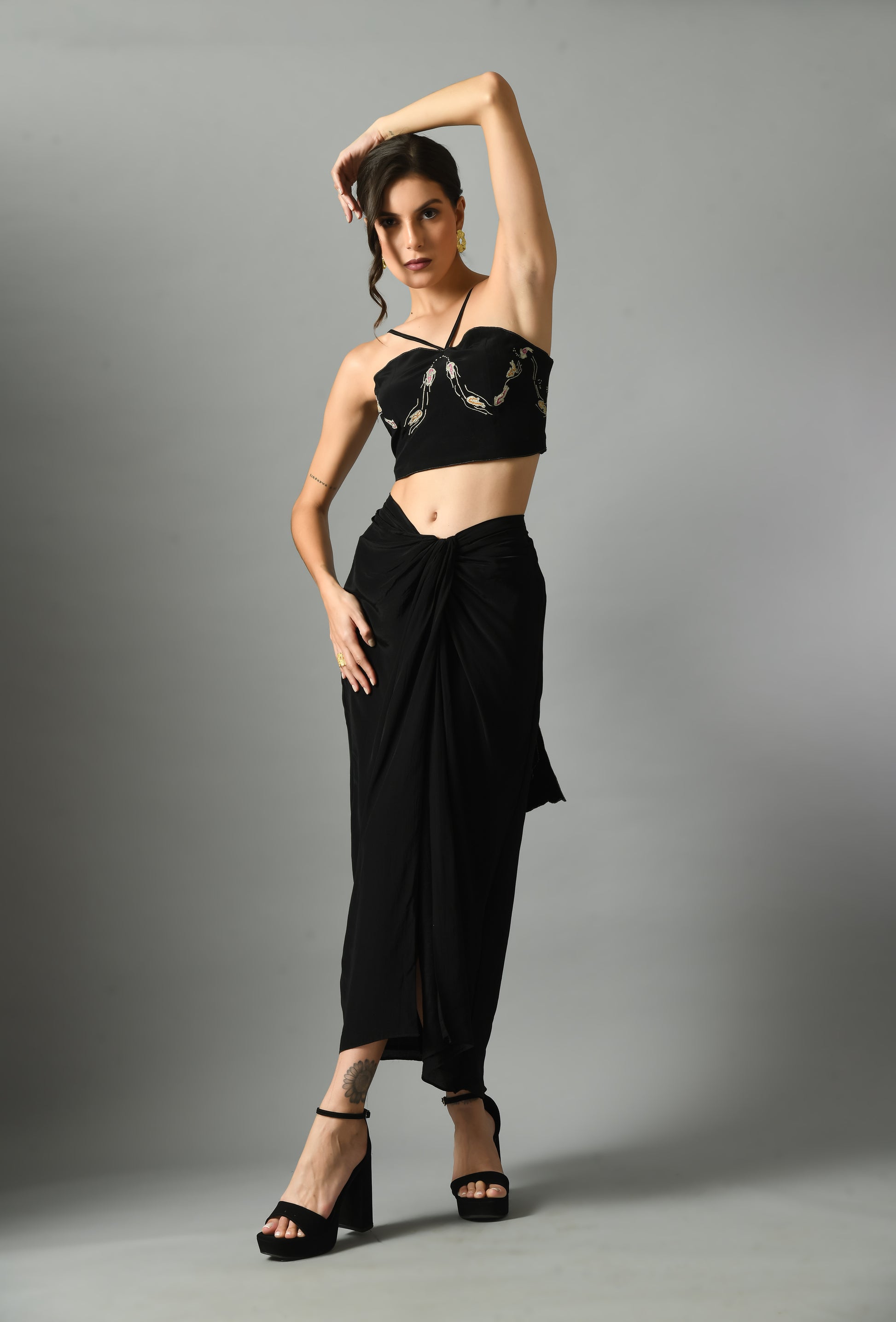 Luxurious Black Crepe Silk Nur Bustier Moonshine Draped Skirt Embroidery