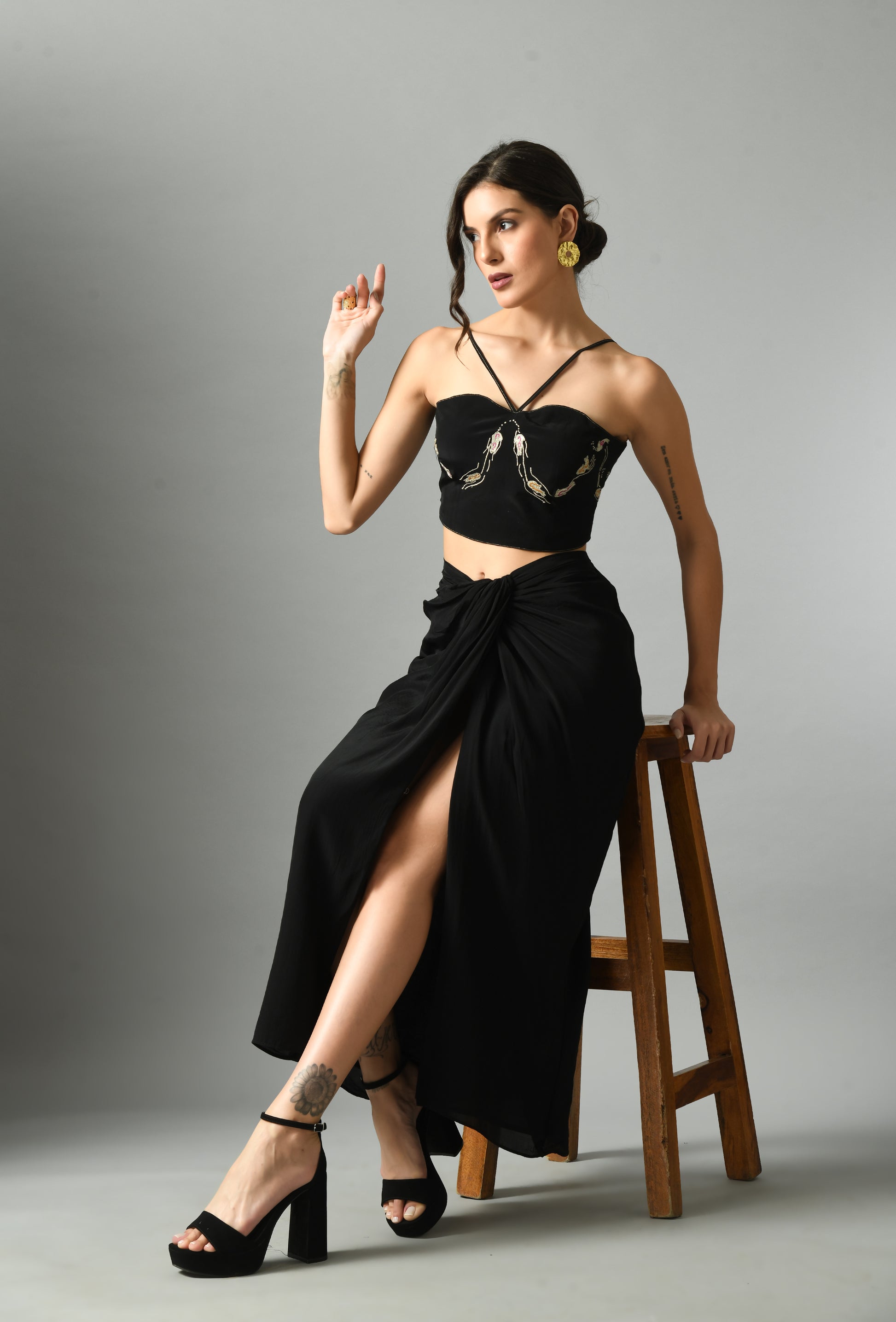 Luxurious Black Crepe Silk Nur Bustier Moonshine Draped Skirt Embroidery