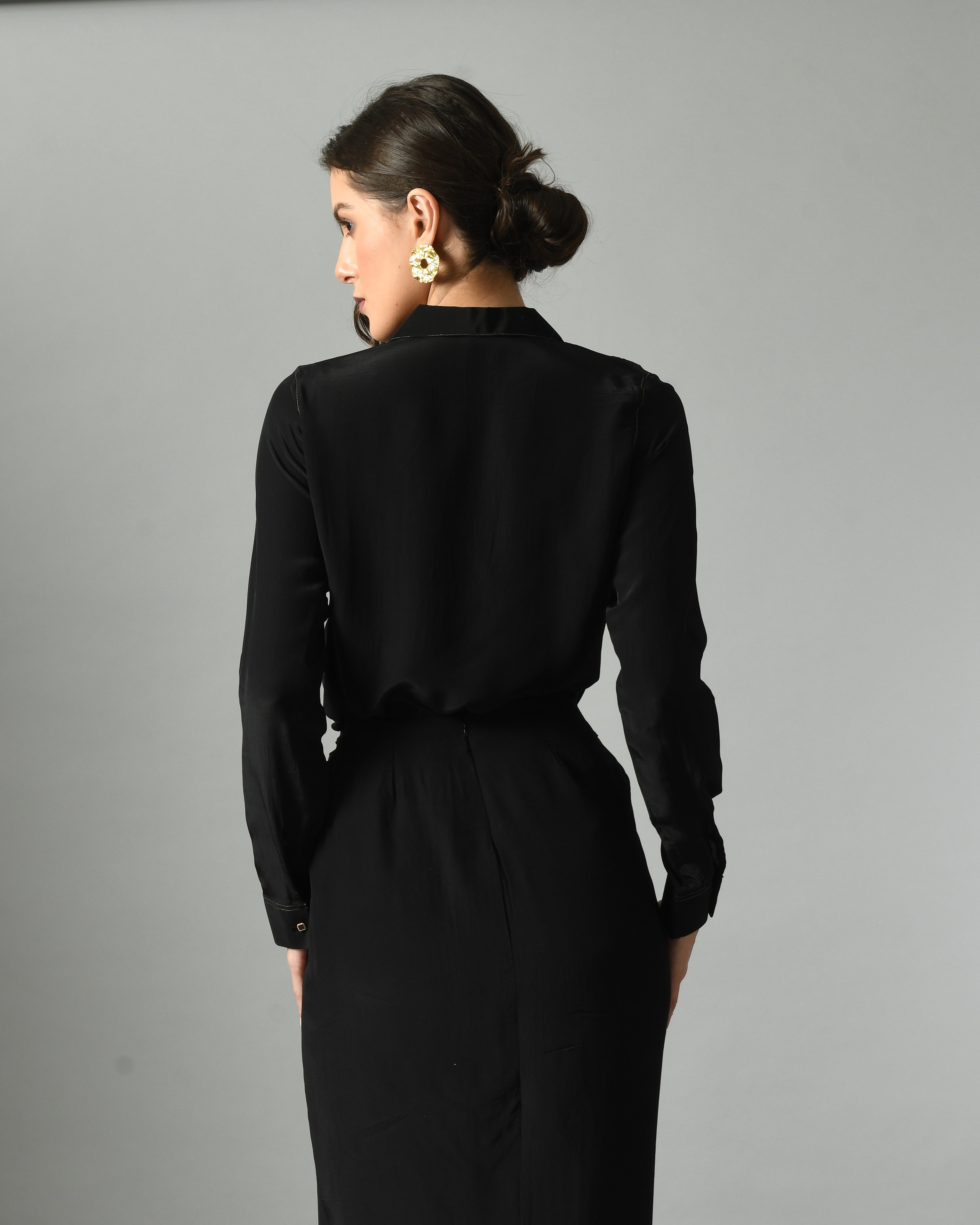 Soft Black Crepe Moonshine Shirt Gold Zari Detailing