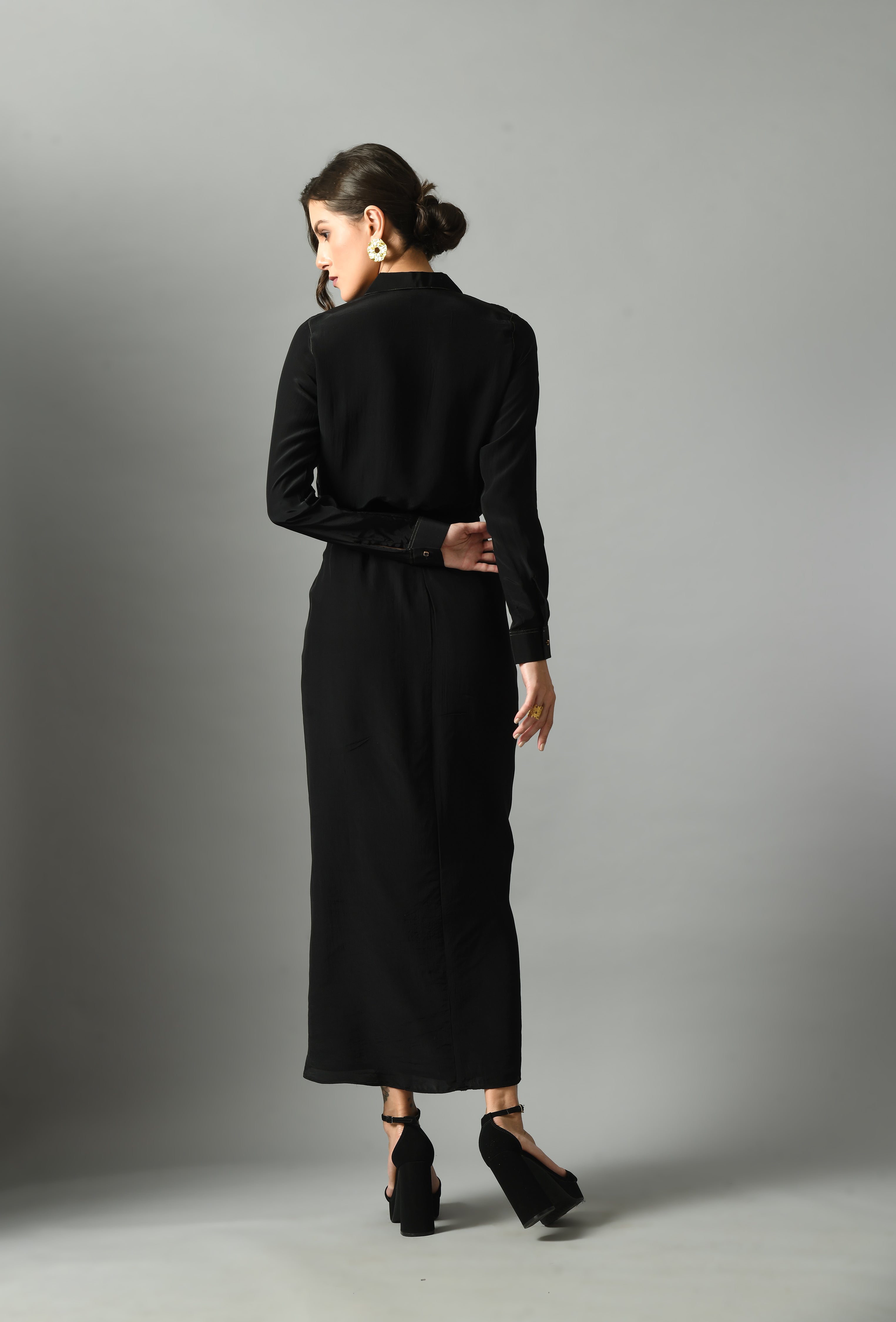 Luxurious Black Linen Moonshine Shirt Draped Skirt Set