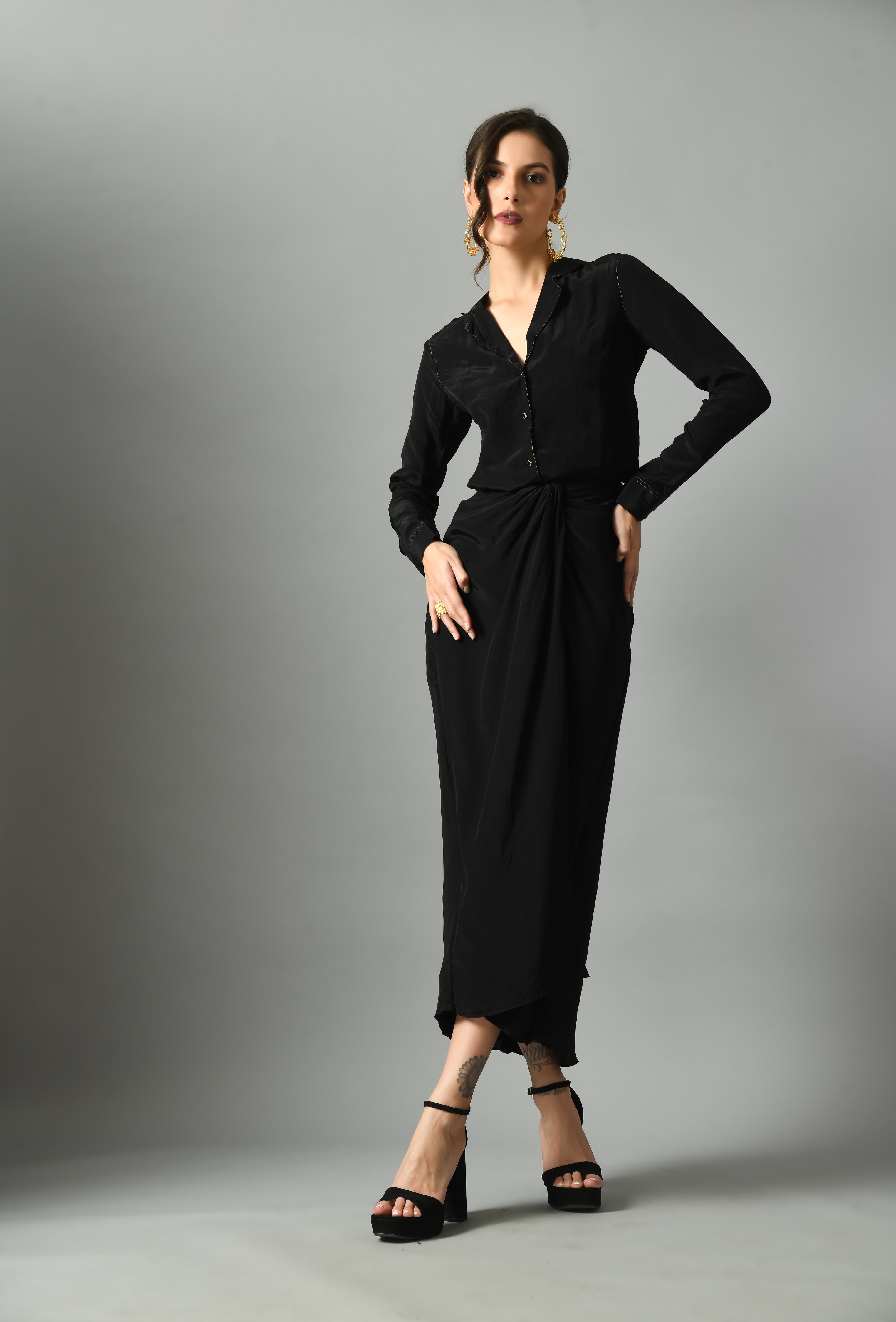 Luxurious Black Linen Moonshine Shirt Draped Skirt Set