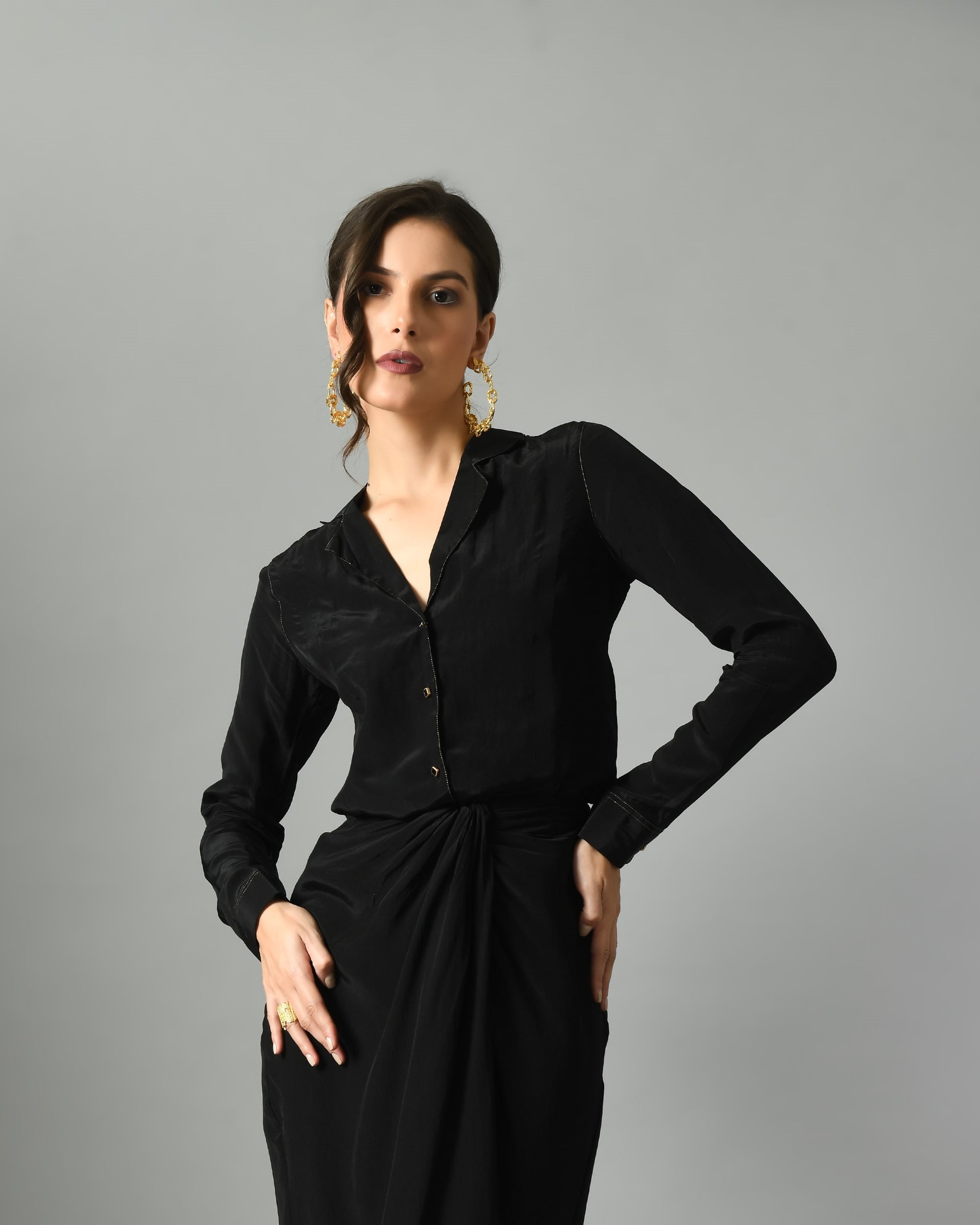 Soft Black Crepe Moonshine Shirt Gold Zari Detailing