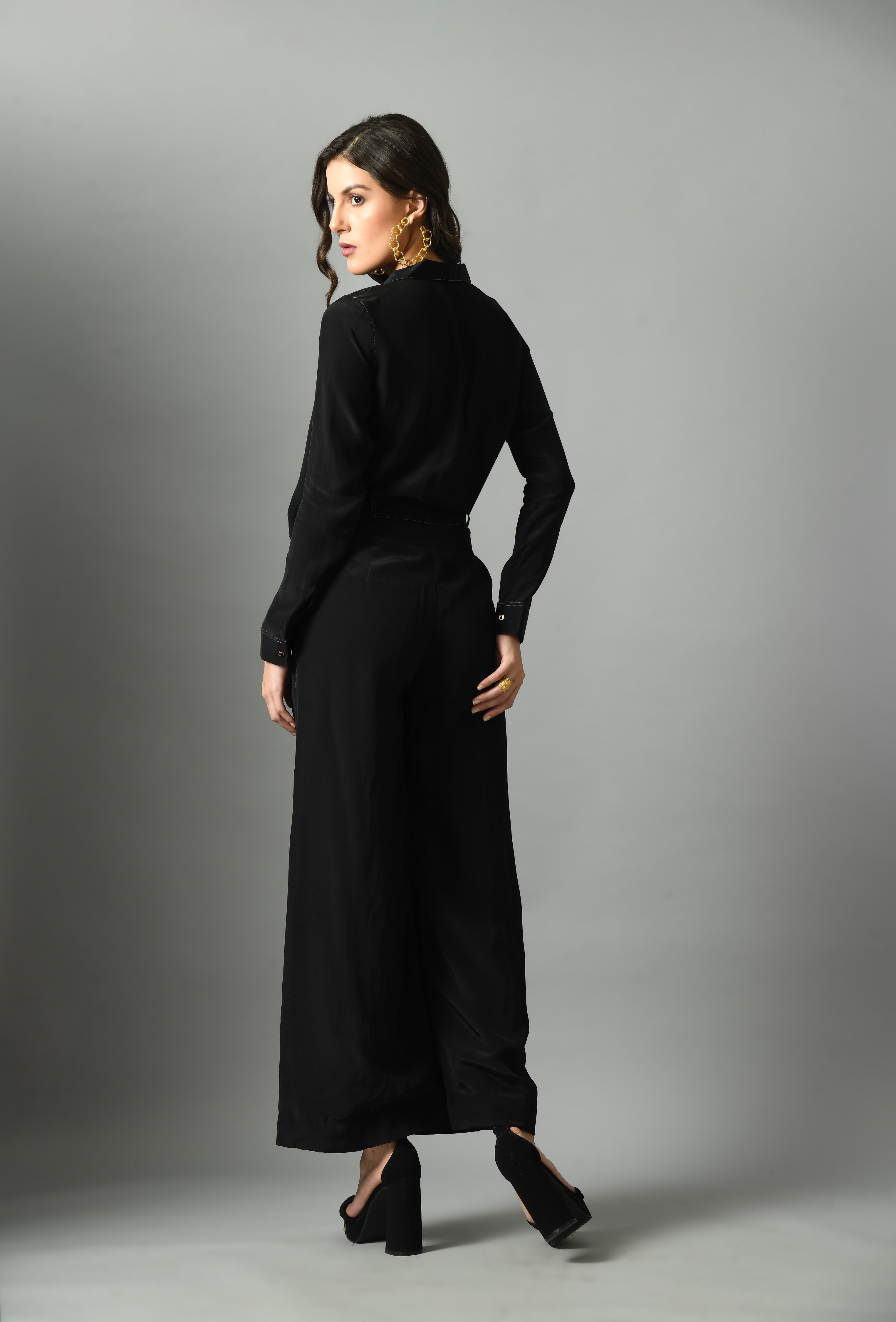 Refreshing Black Crepe Silk Moonshine Shirt Trouser Set