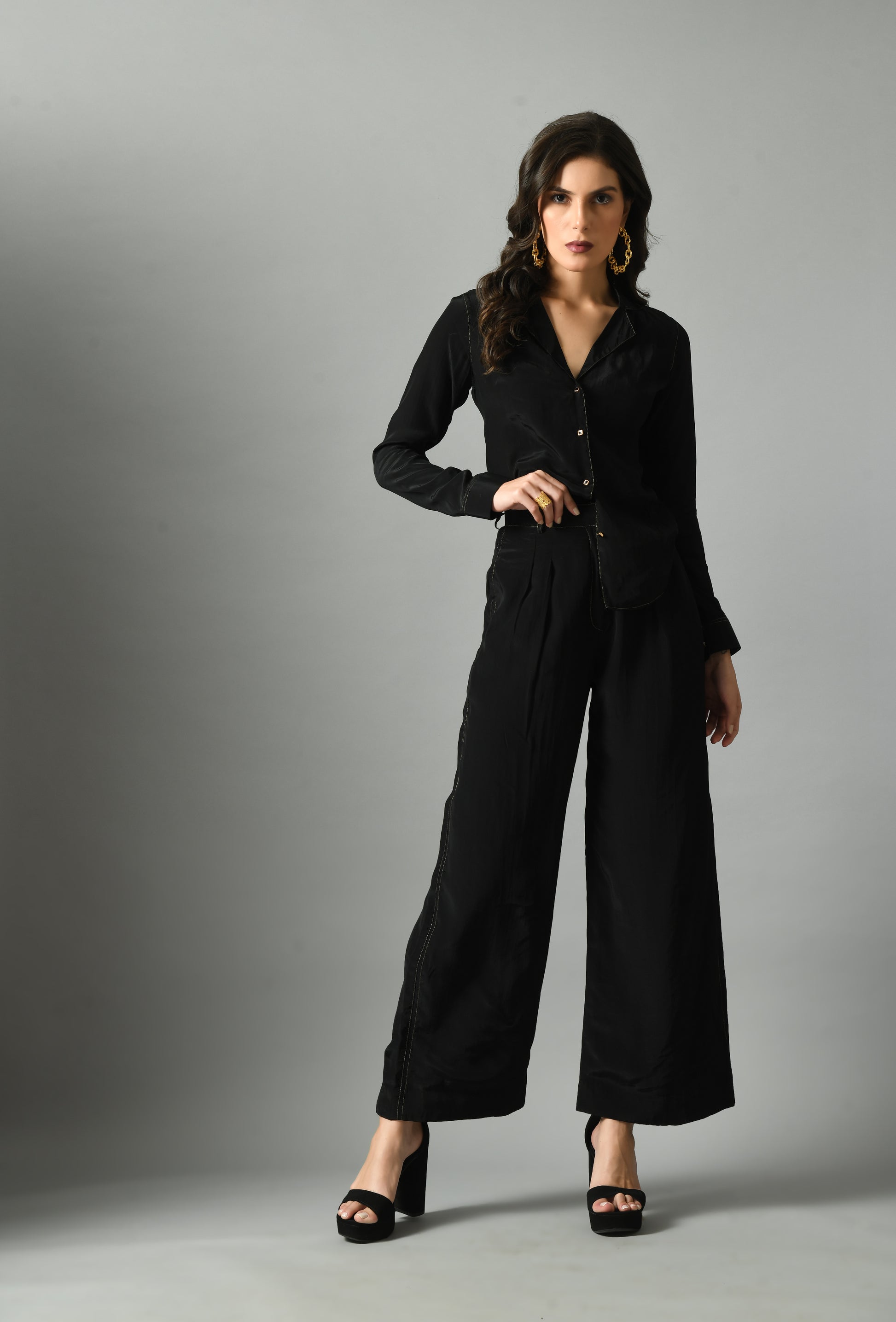 Refreshing Black Crepe Silk Moonshine Shirt Trouser Set