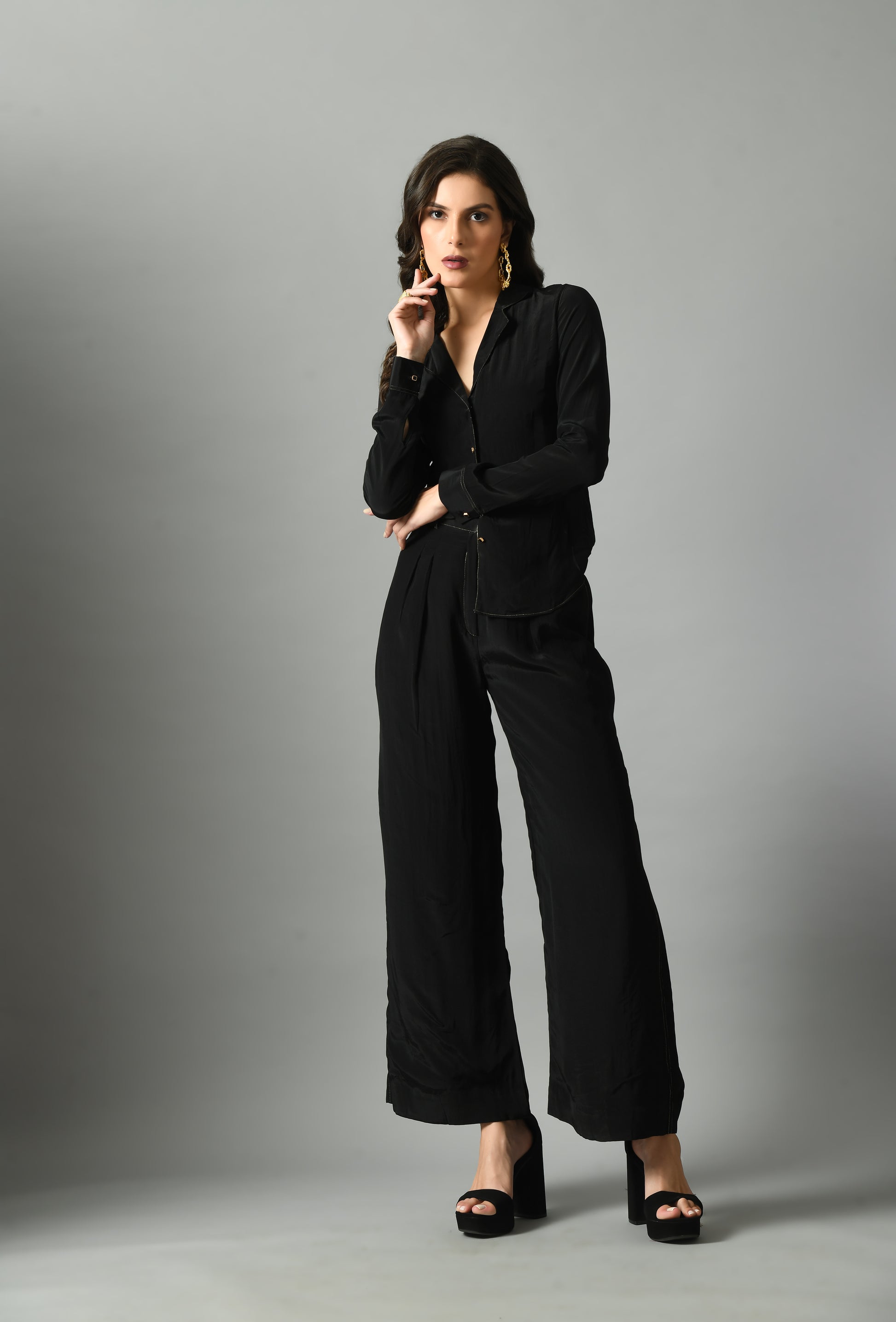 Refreshing Black Crepe Silk Moonshine Shirt Trouser Set