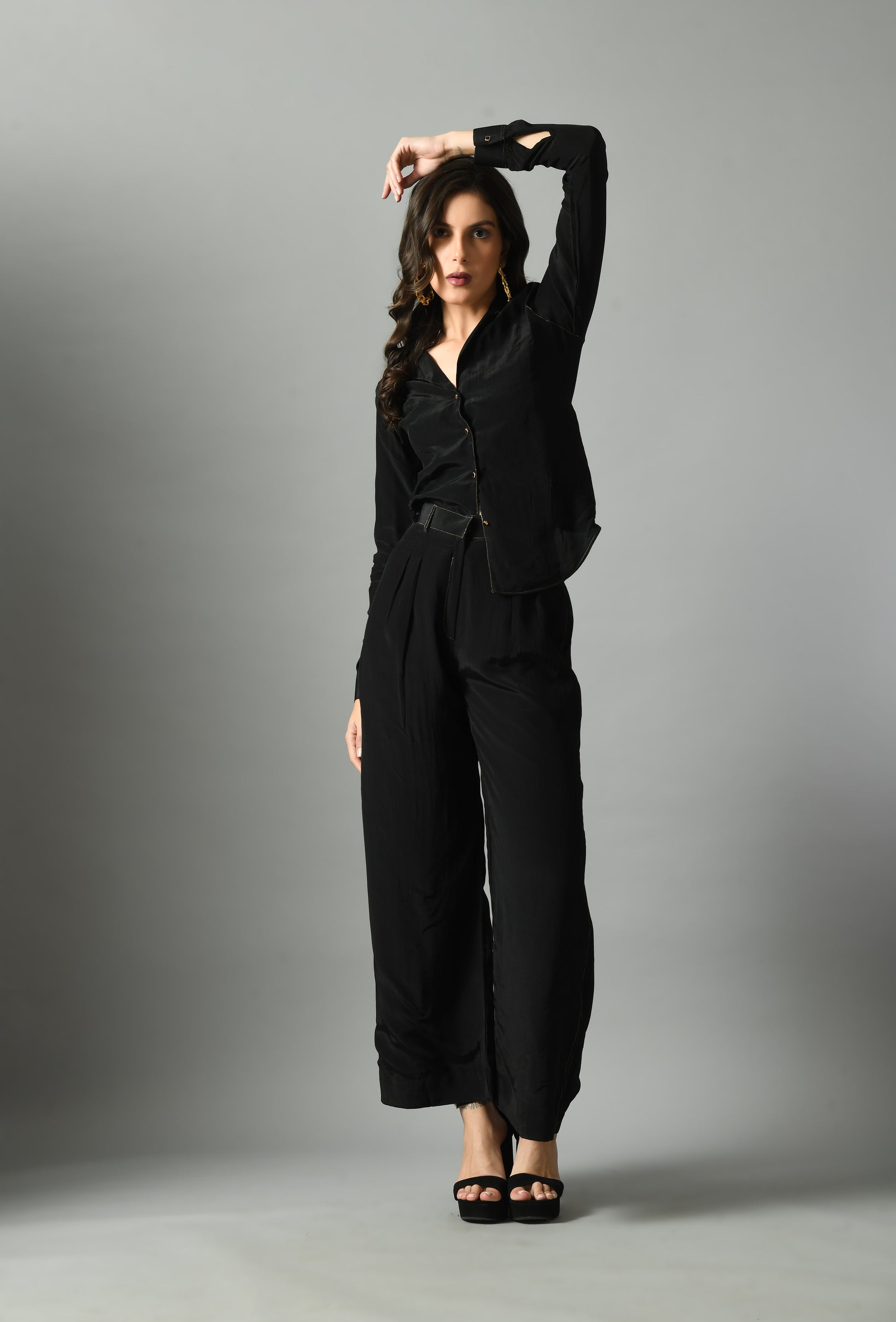 Refreshing Black Crepe Silk Moonshine Shirt Trouser Set