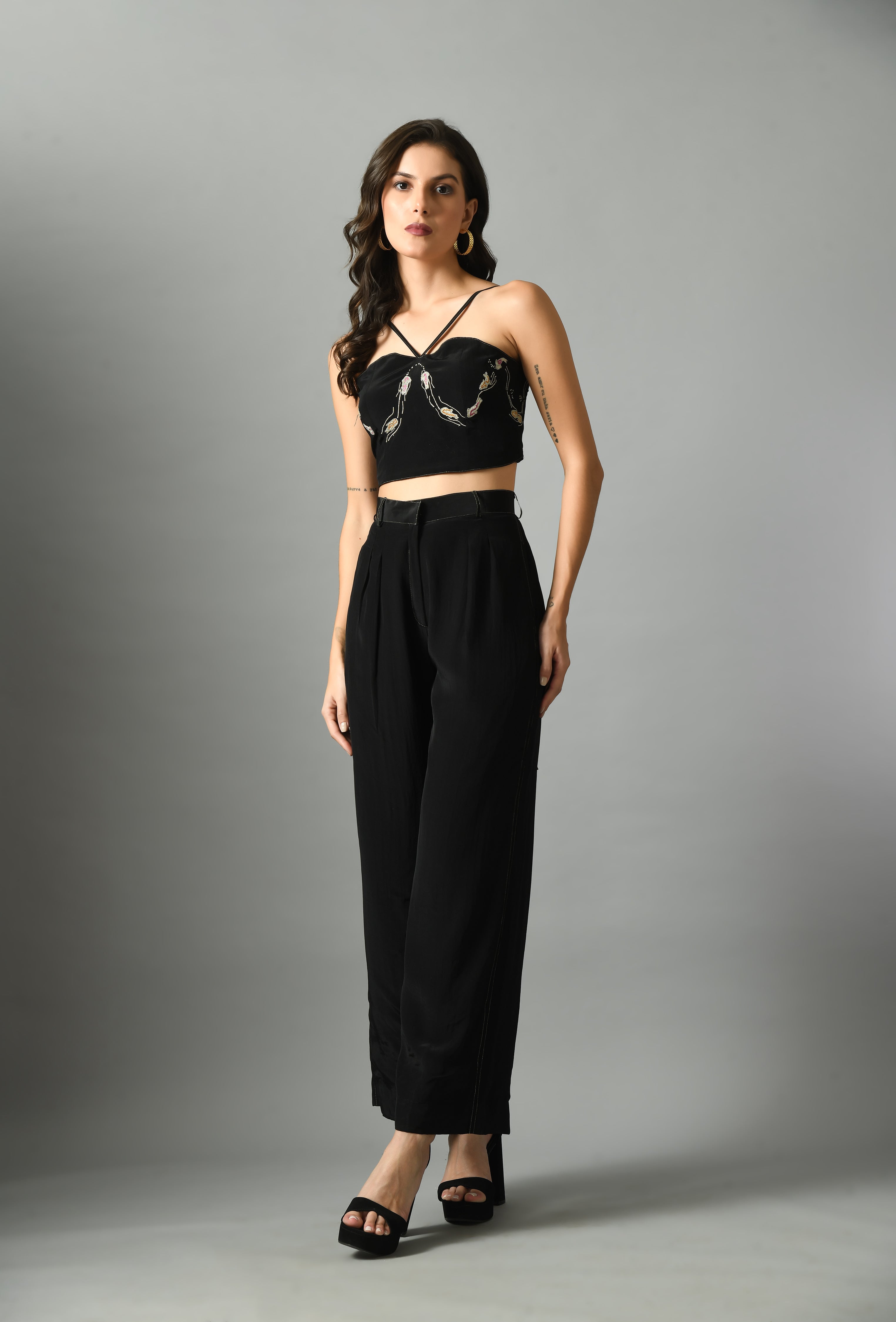Luxurious Black Crepe Silk Nur Bustier Moonshine Trouser Embroidery