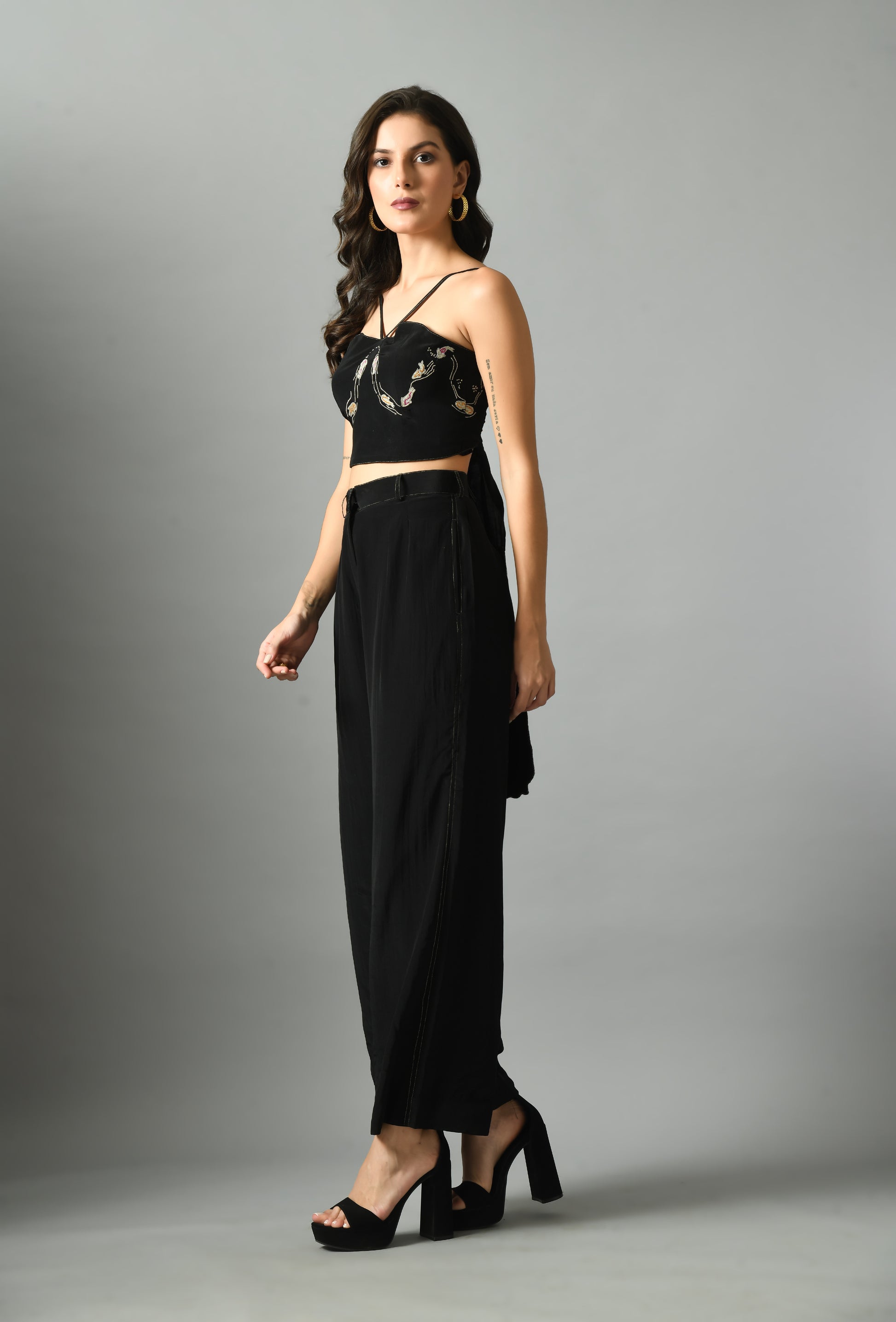 Luxurious Black Crepe Silk Nur Bustier Moonshine Trouser Embroidery