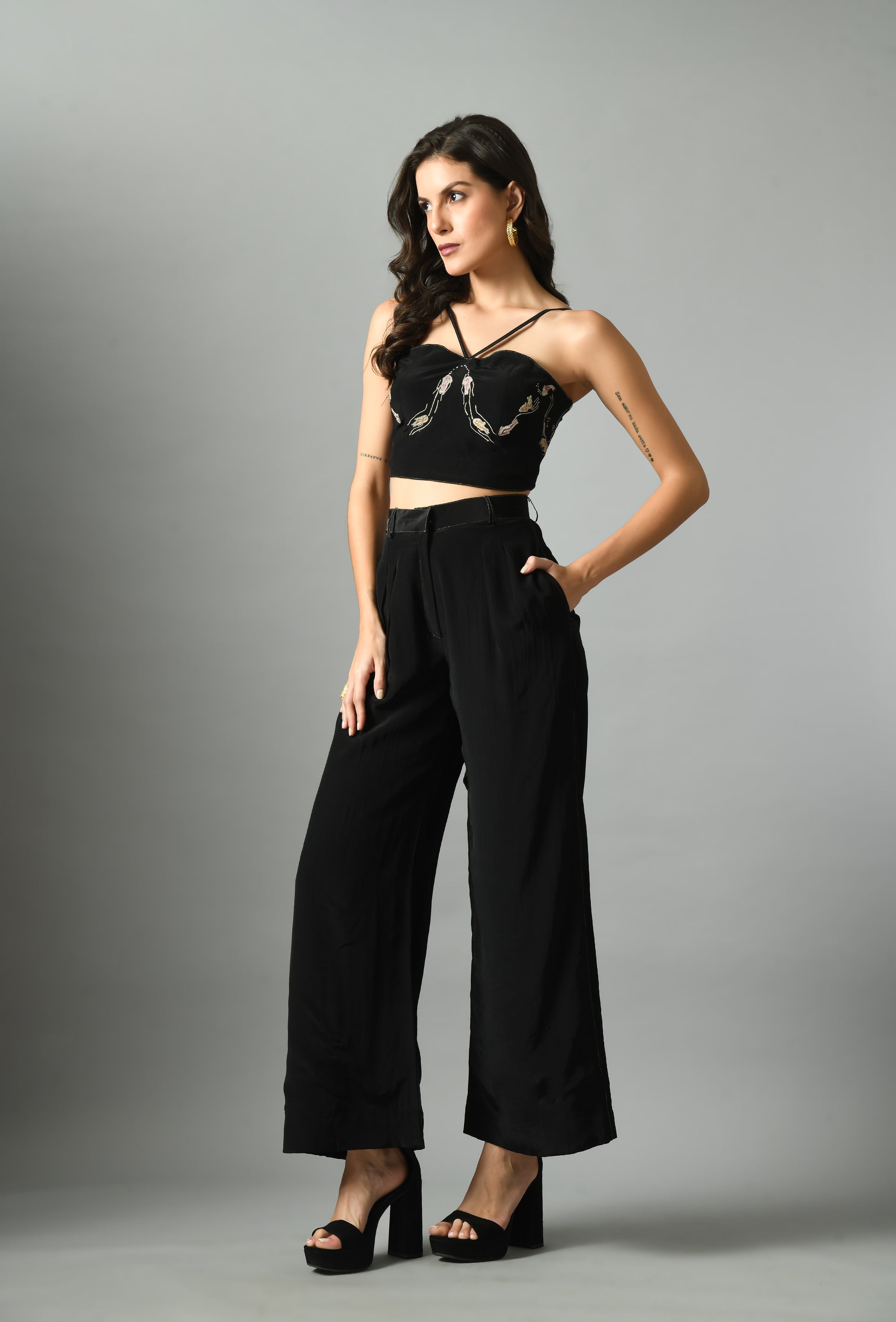 Luxurious Black Crepe Silk Nur Bustier Moonshine Trouser Embroidery