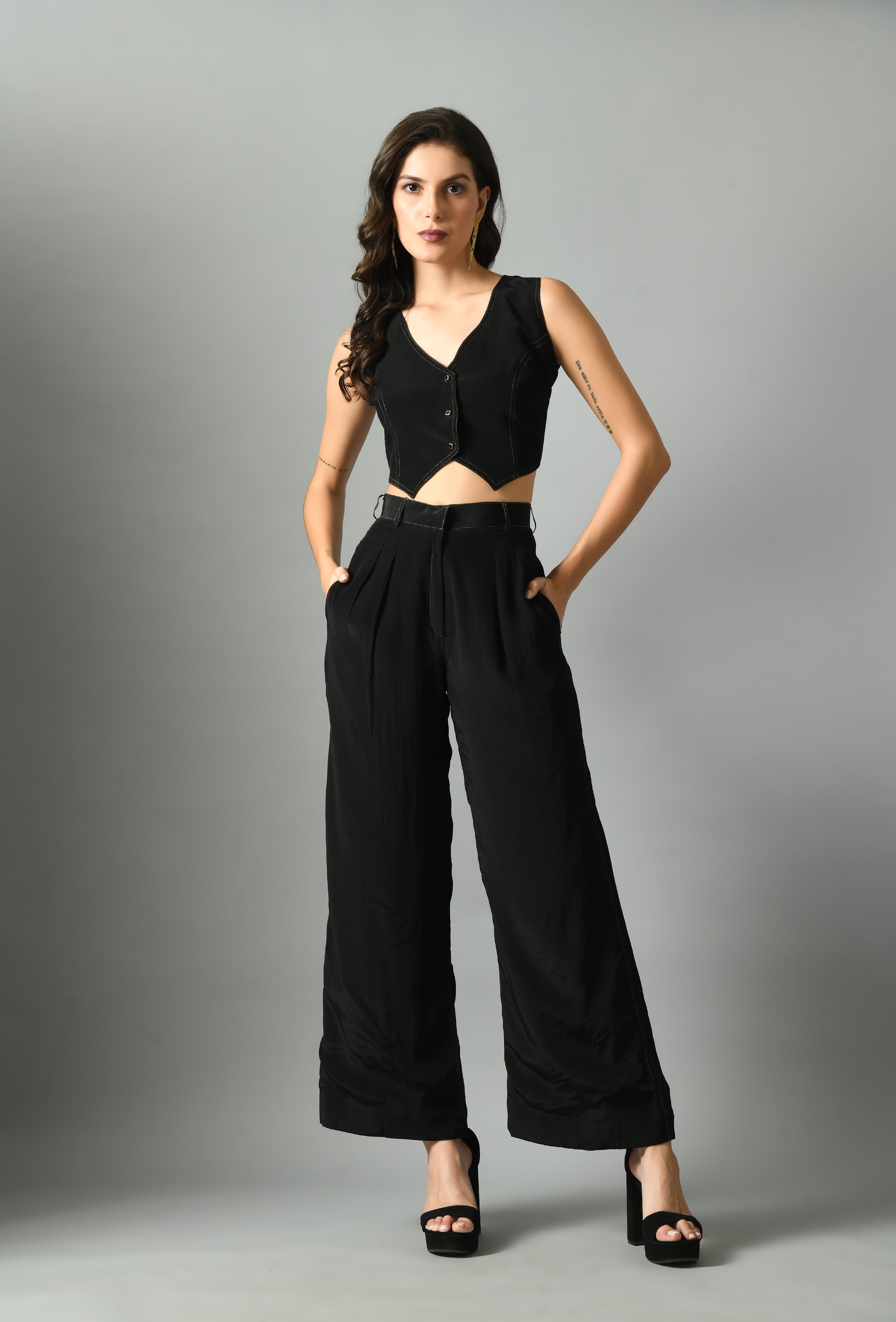 Stylish Black Crepe Silk Moonshine Waistcoat Trouser Set
