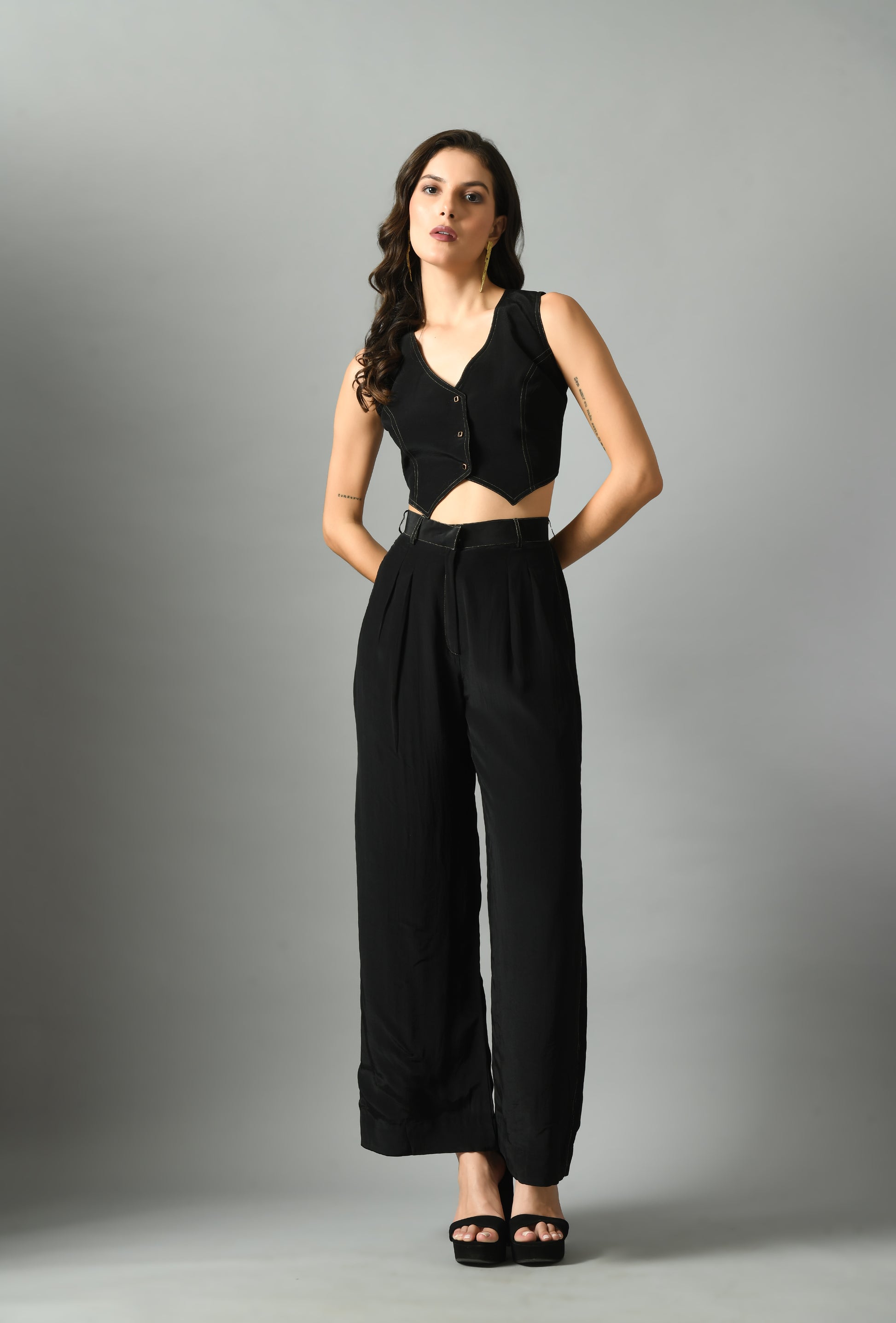 Stylish Black Crepe Silk Moonshine Waistcoat Trouser Set