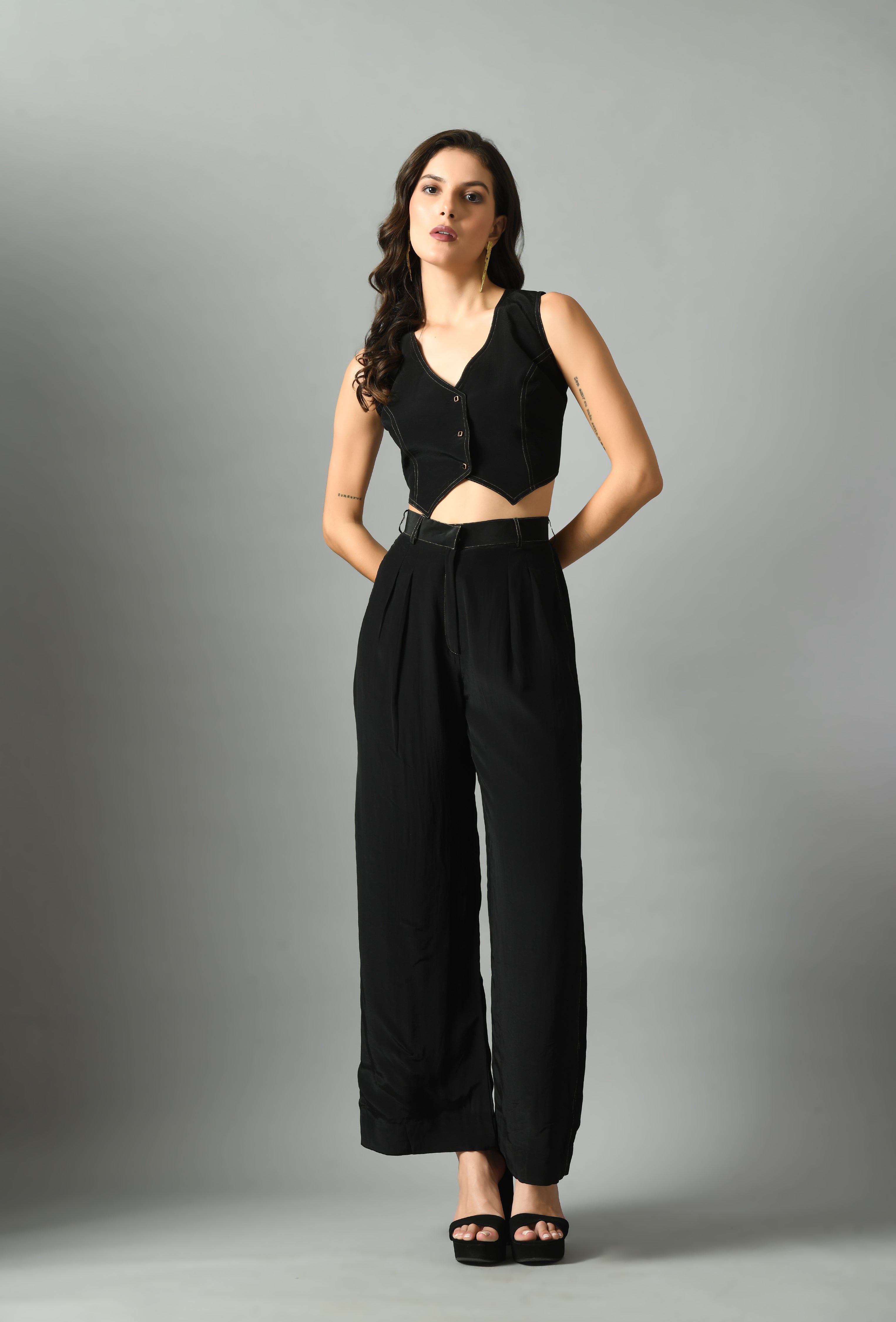Stylish Black Crepe Silk Moonshine Waistcoat Trouser Set